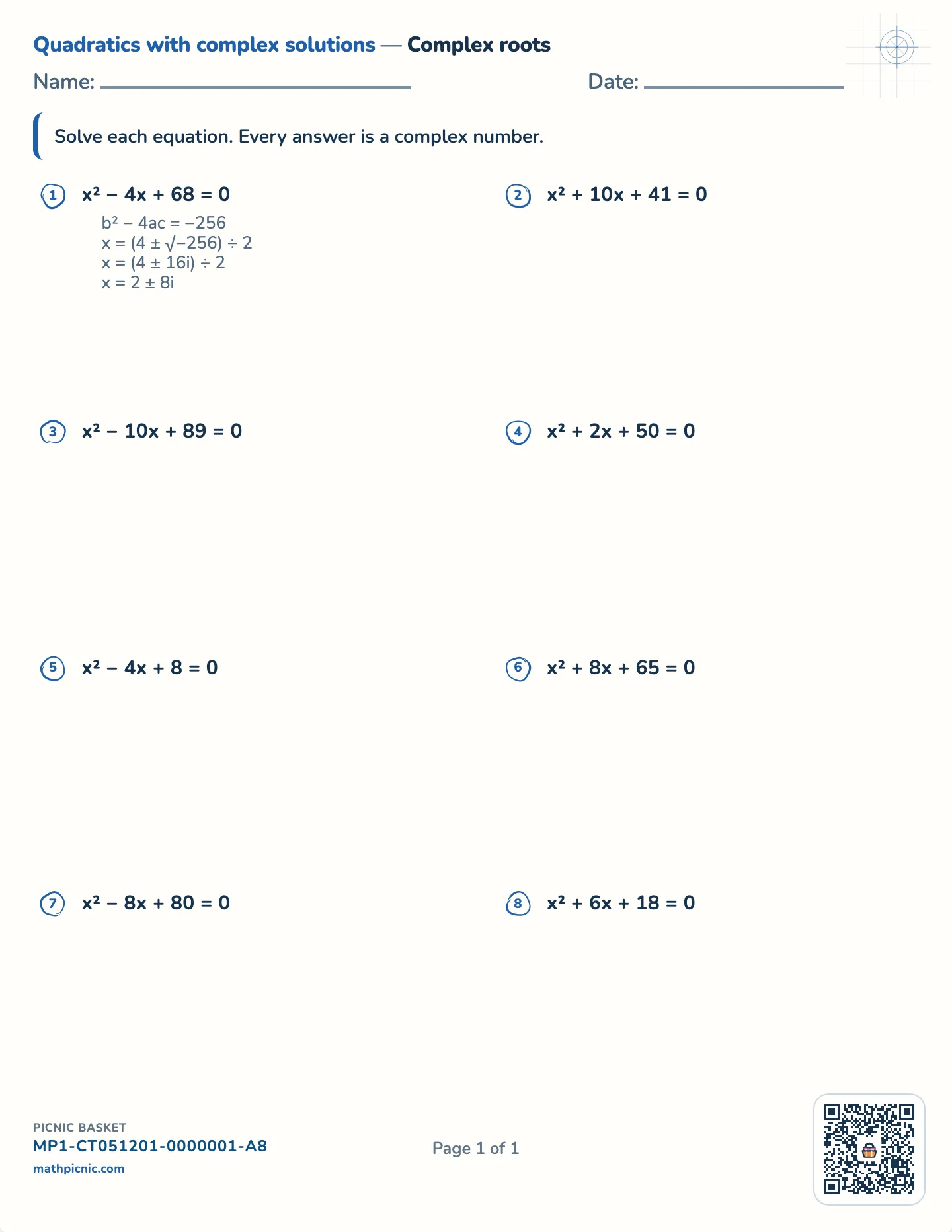 Quadratics with complex conjugate roots worksheet — Whole real and imaginary parts, free printable with answer key