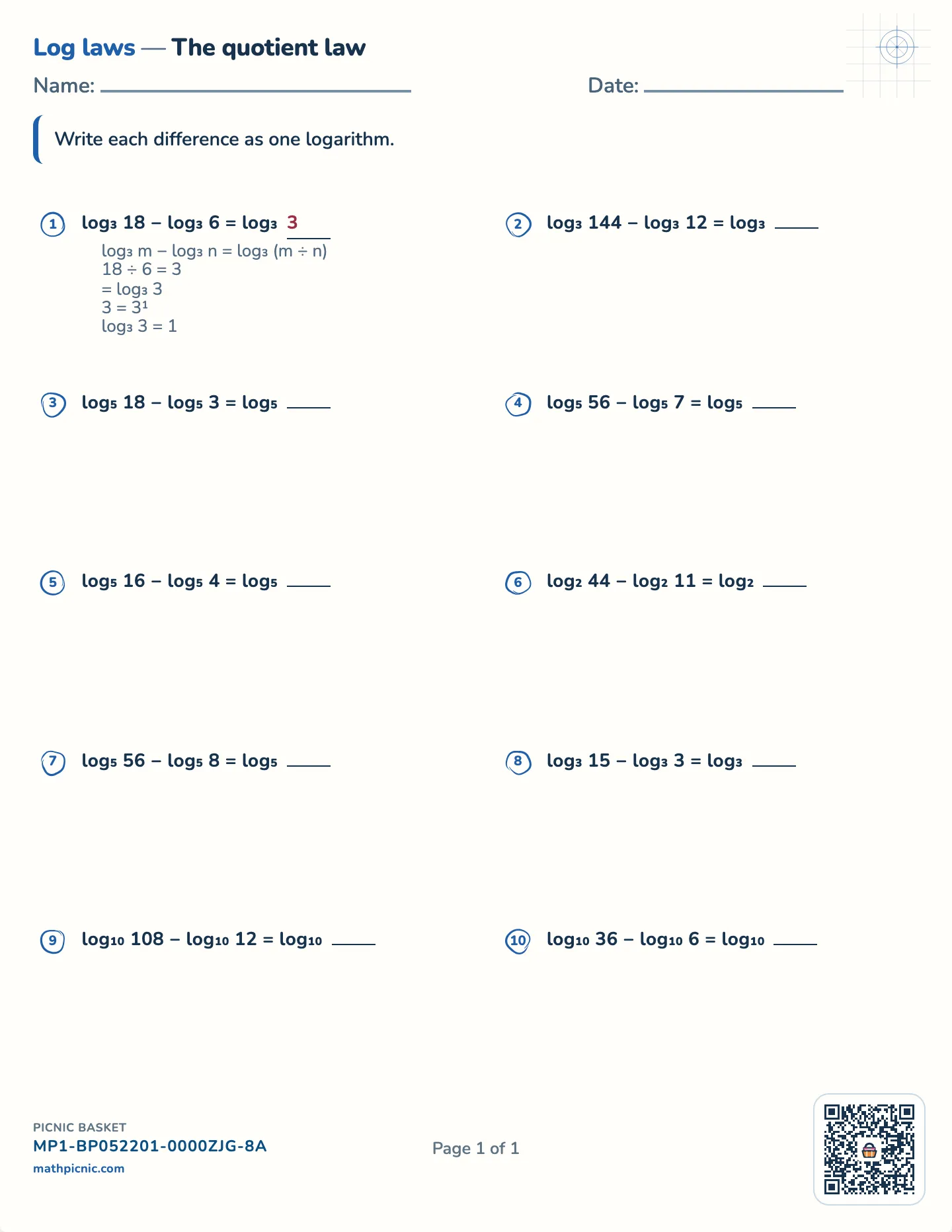 Quotient rule of logarithms worksheet — Bases 2–10, exact quotients, free printable with answer key