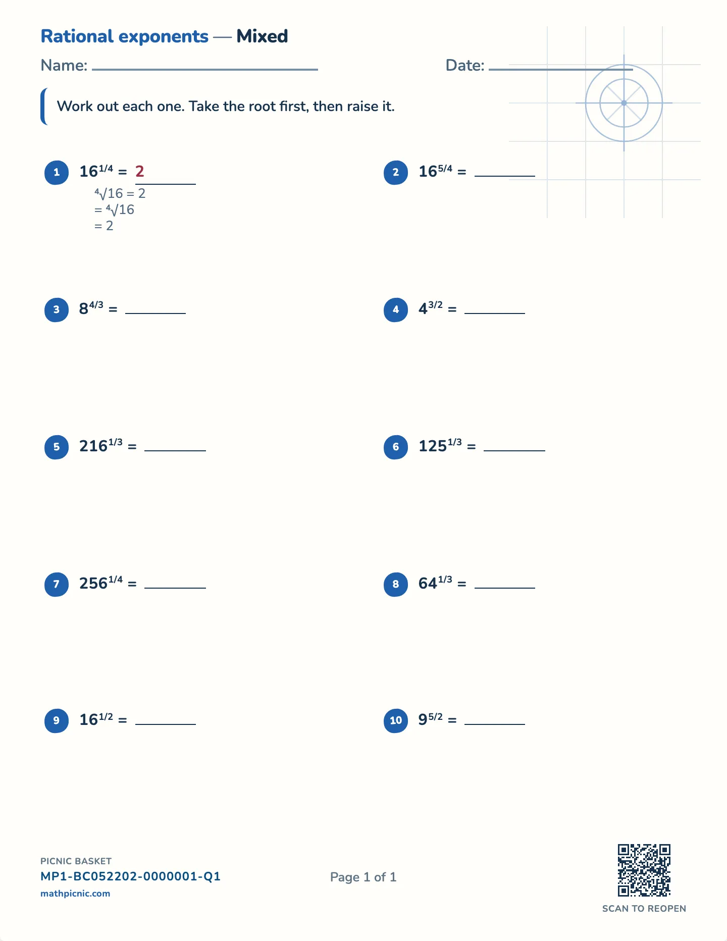 Rational exponents worksheet — free printable with answer key