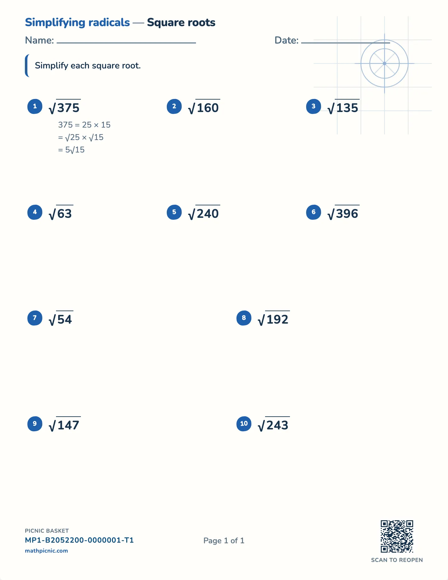 Simplifying radicals worksheet — free printable with answer key