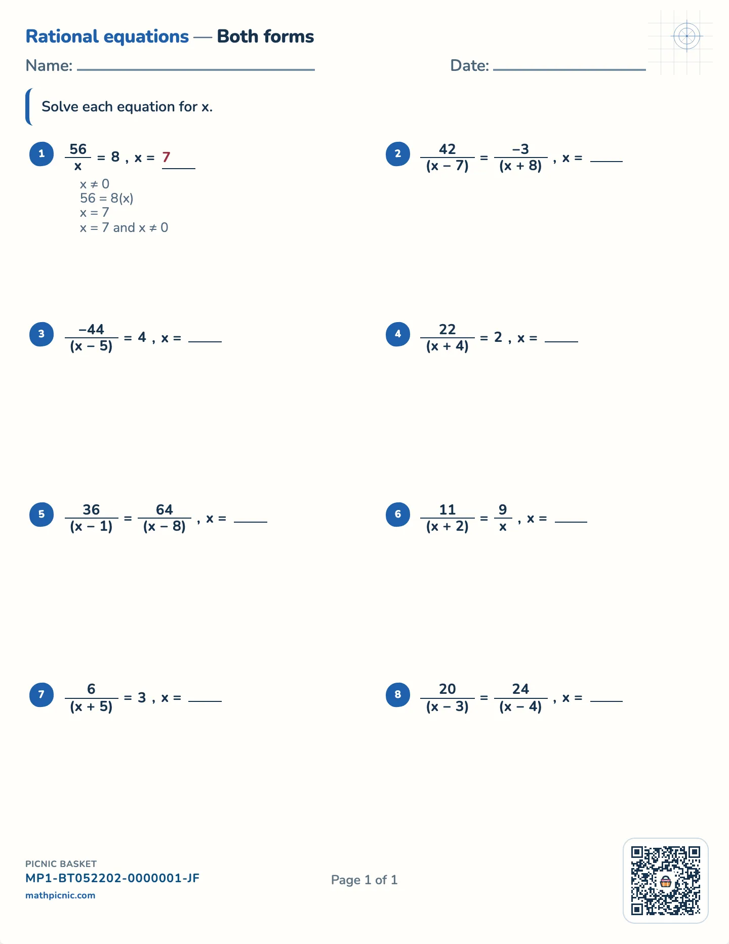 Solving rational equations worksheet — One fraction or two, whole answers, free printable with answer key