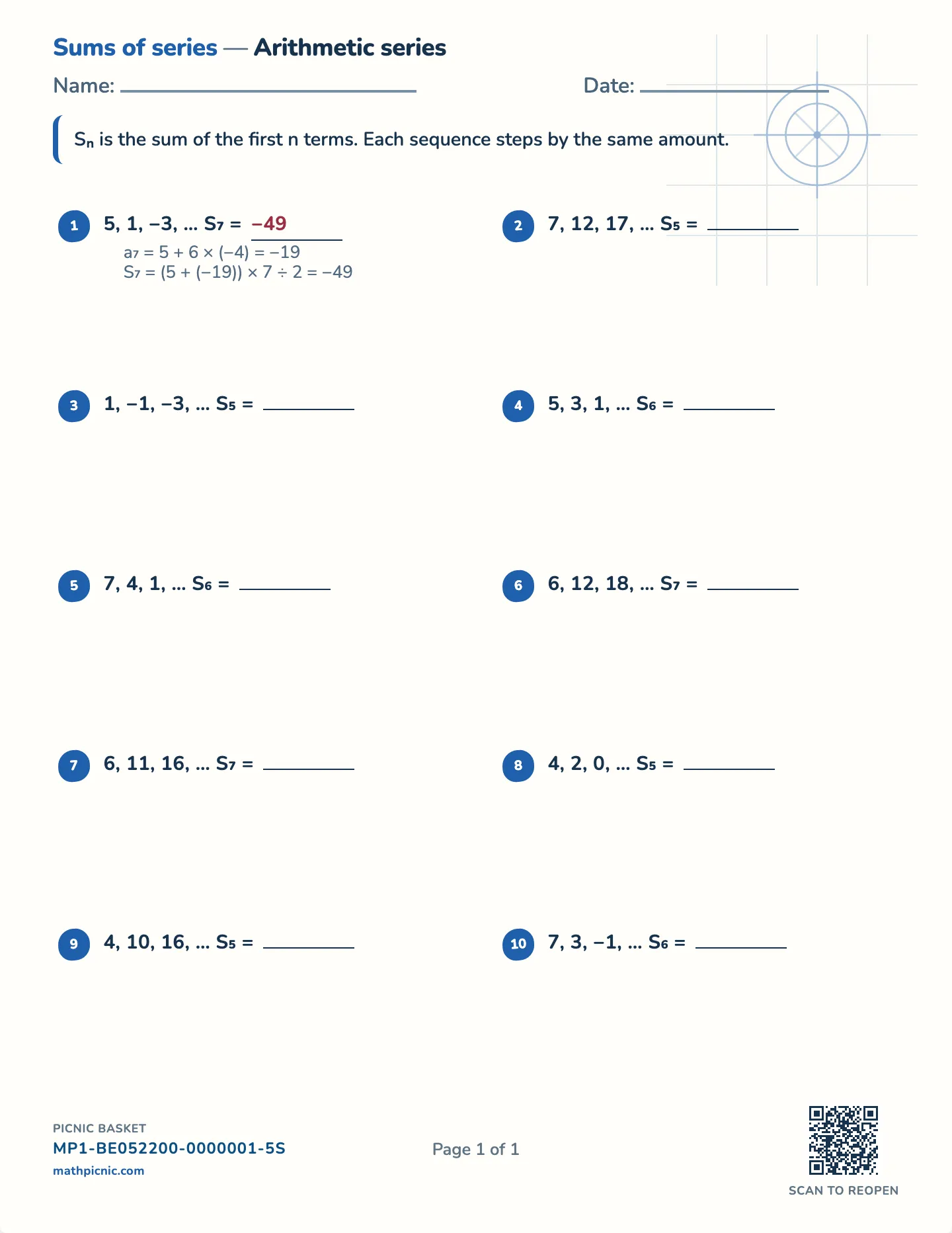 Sums of series worksheet — Arithmetic and geometric, free printable with answer key
