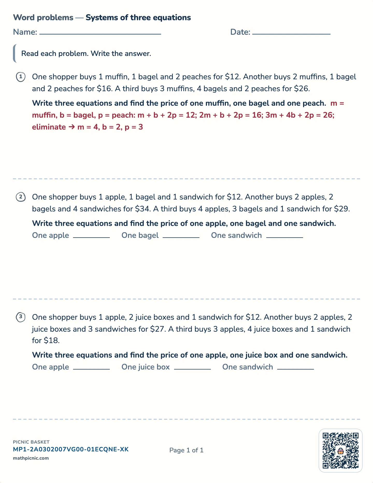 Three-variable systems from a story worksheet — Three prices, whole dollars, free printable with answer key