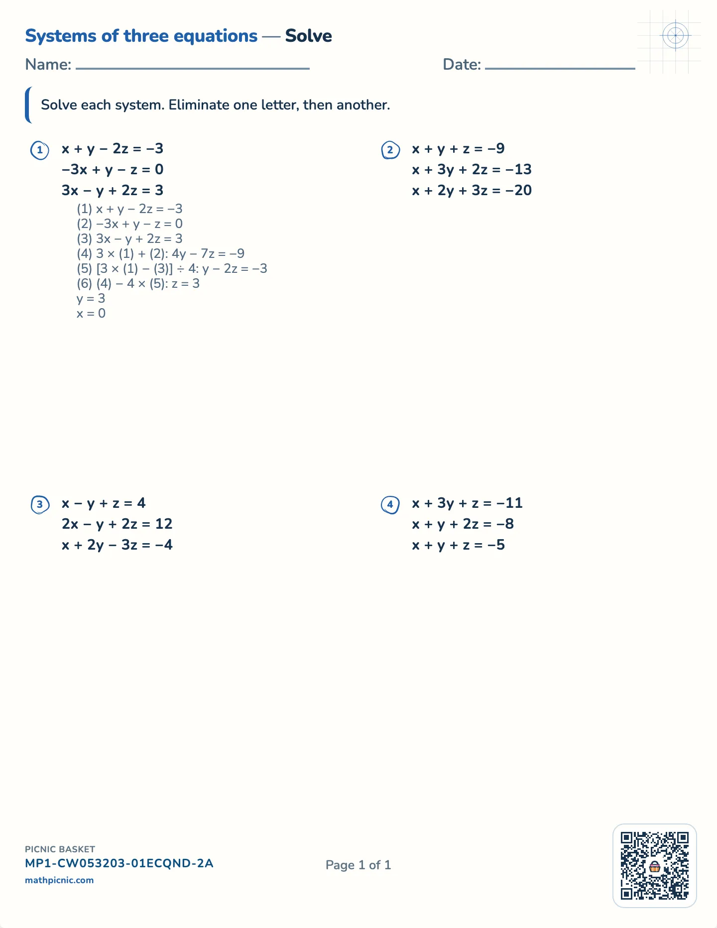 Systems of three equations worksheet — Three unknowns, whole answers, free printable with answer key