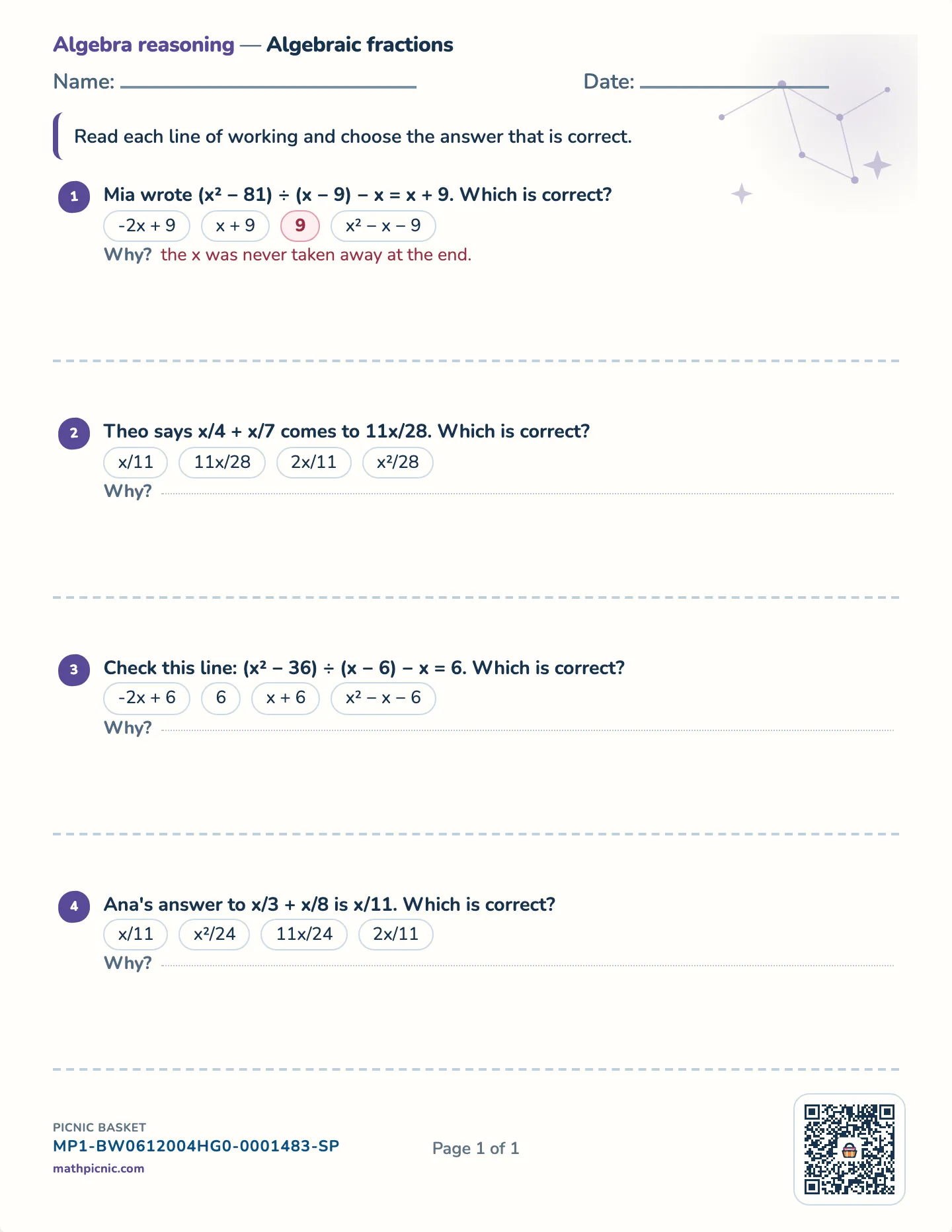 Algebraic fractions worksheet — free printable with answer key