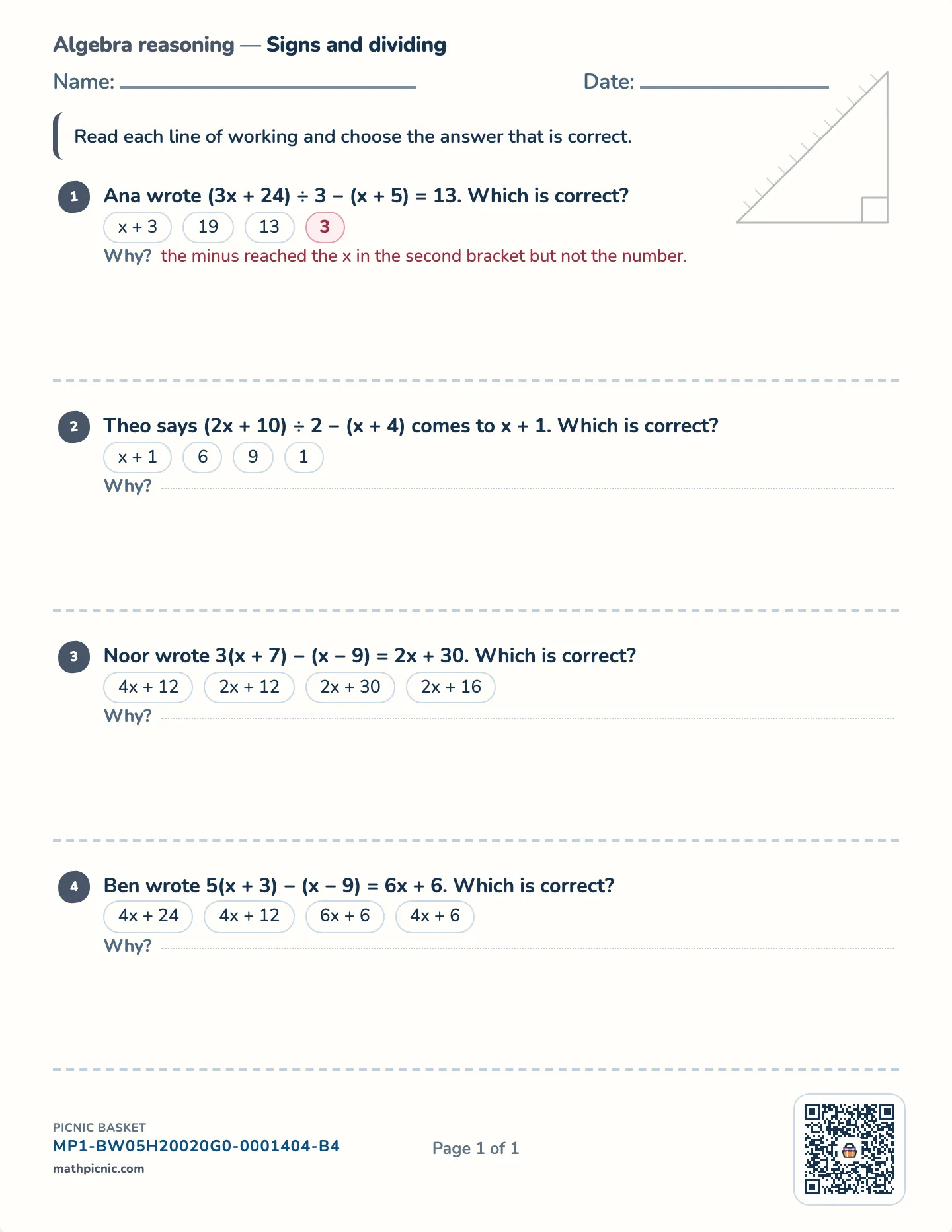 Dividing and signs worksheet — free printable with answer key