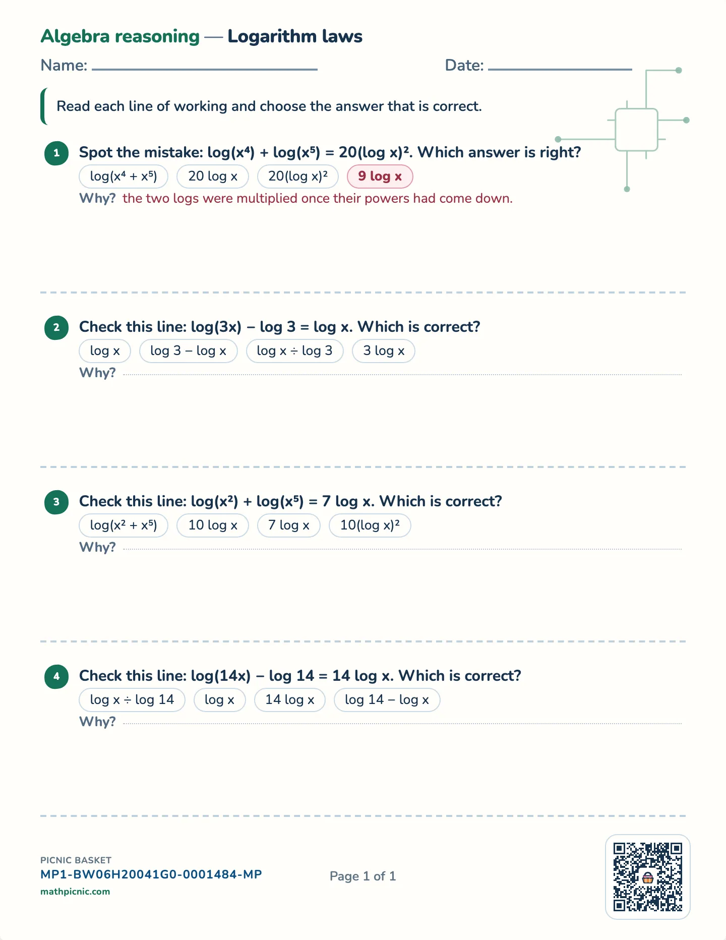 Logarithm laws worksheet — Which of the three laws applies, free printable with answer key