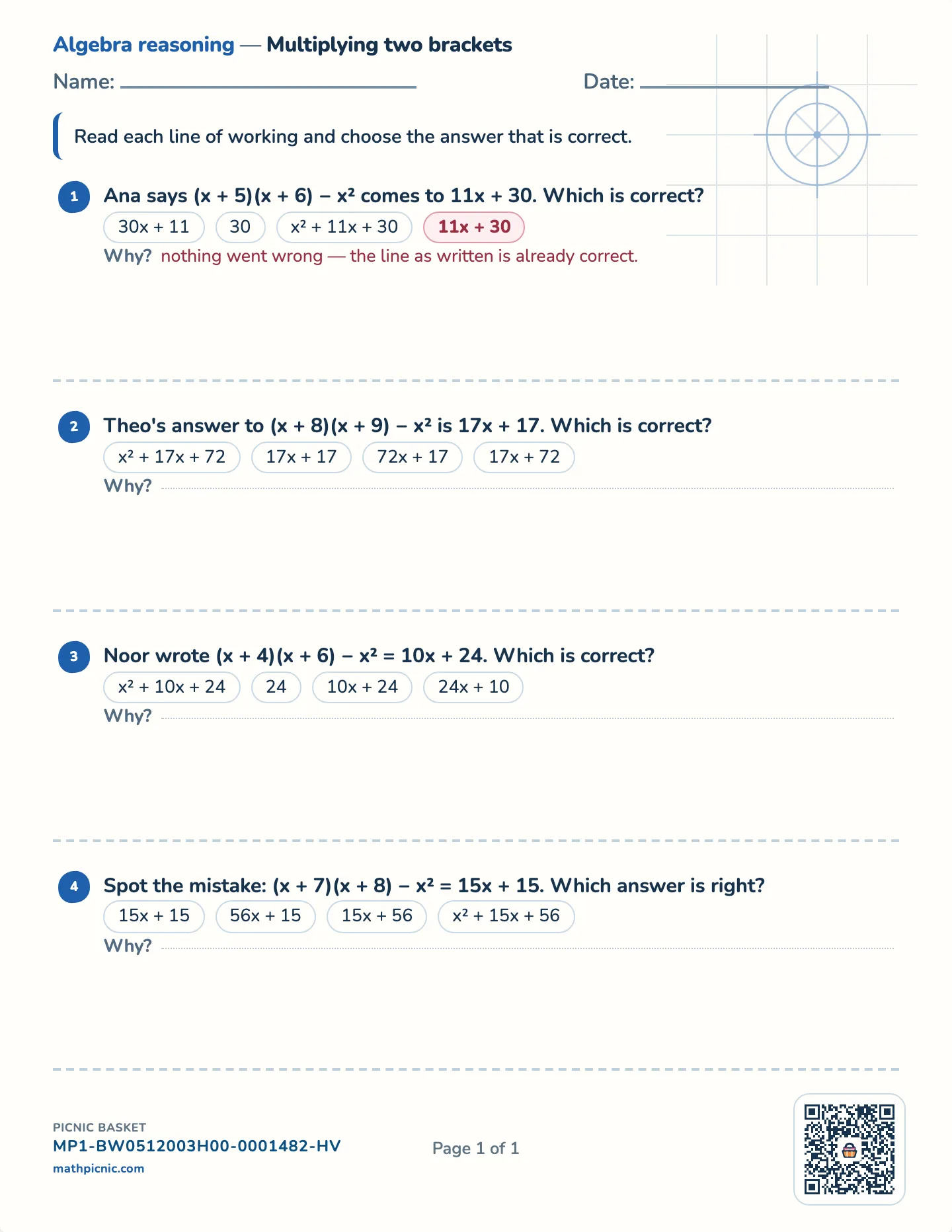 Multiplying two brackets worksheet — free printable with answer key