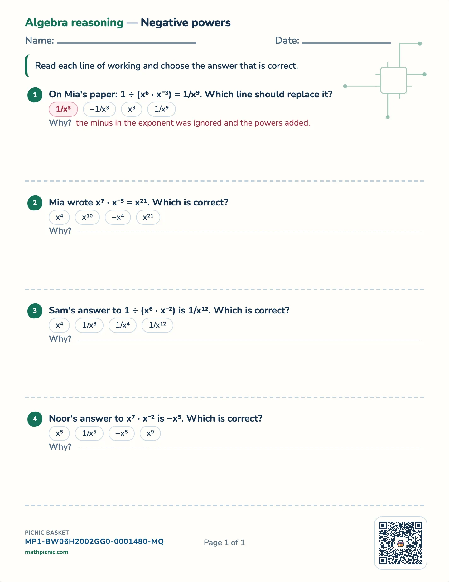 Negative powers worksheet — free printable with answer key
