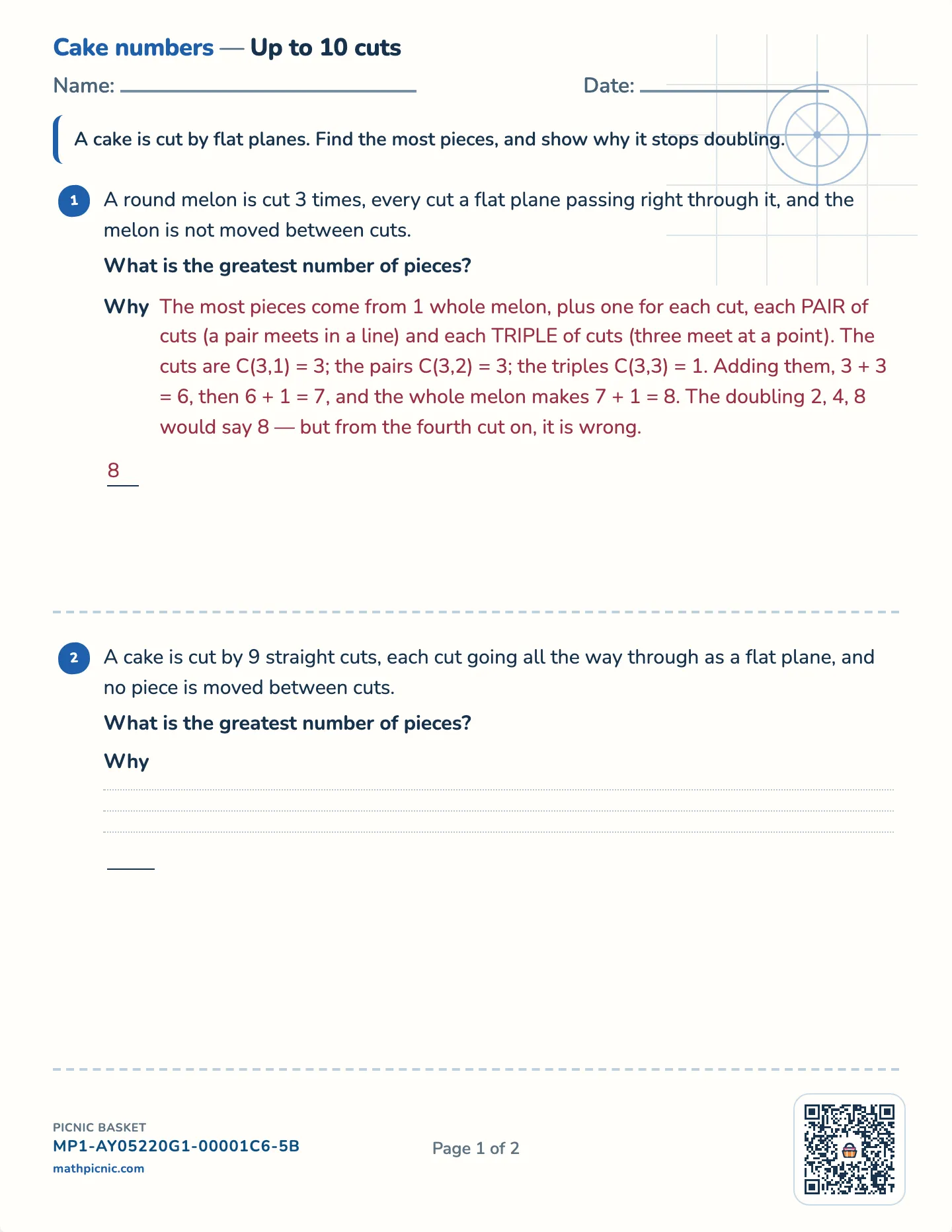 Cake numbers worksheet — Challenge · up to 8, 10 or 12 cuts, free printable with answer key