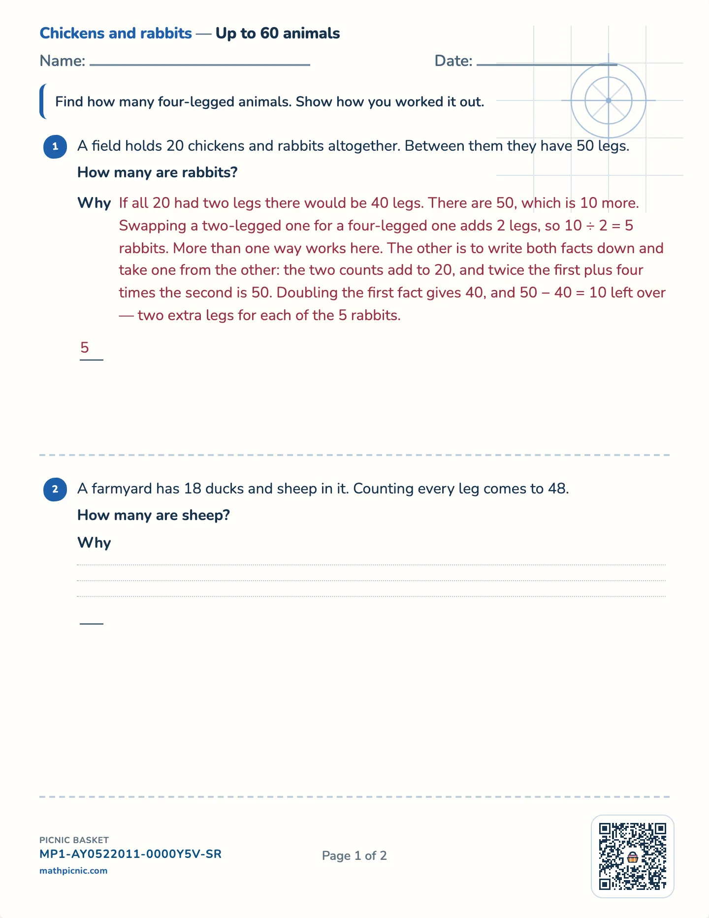 Chickens & rabbits worksheet — Challenge · up to 20, 30 or 40 animals, free printable with answer key