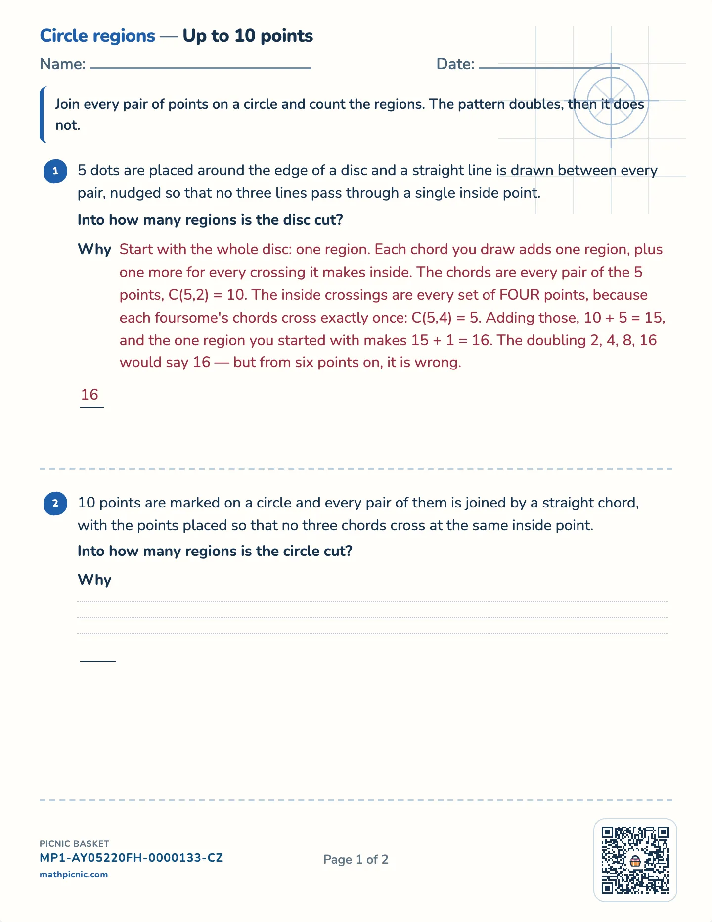 Regions of a circle worksheet — Challenge · up to 8, 10 or 12 points, free printable with answer key