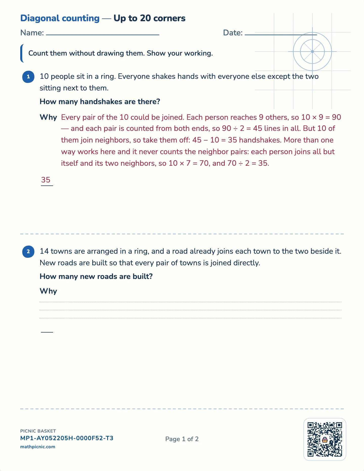 Counting diagonals worksheet — Challenge · up to 15, 20 or 30 corners, free printable with answer key