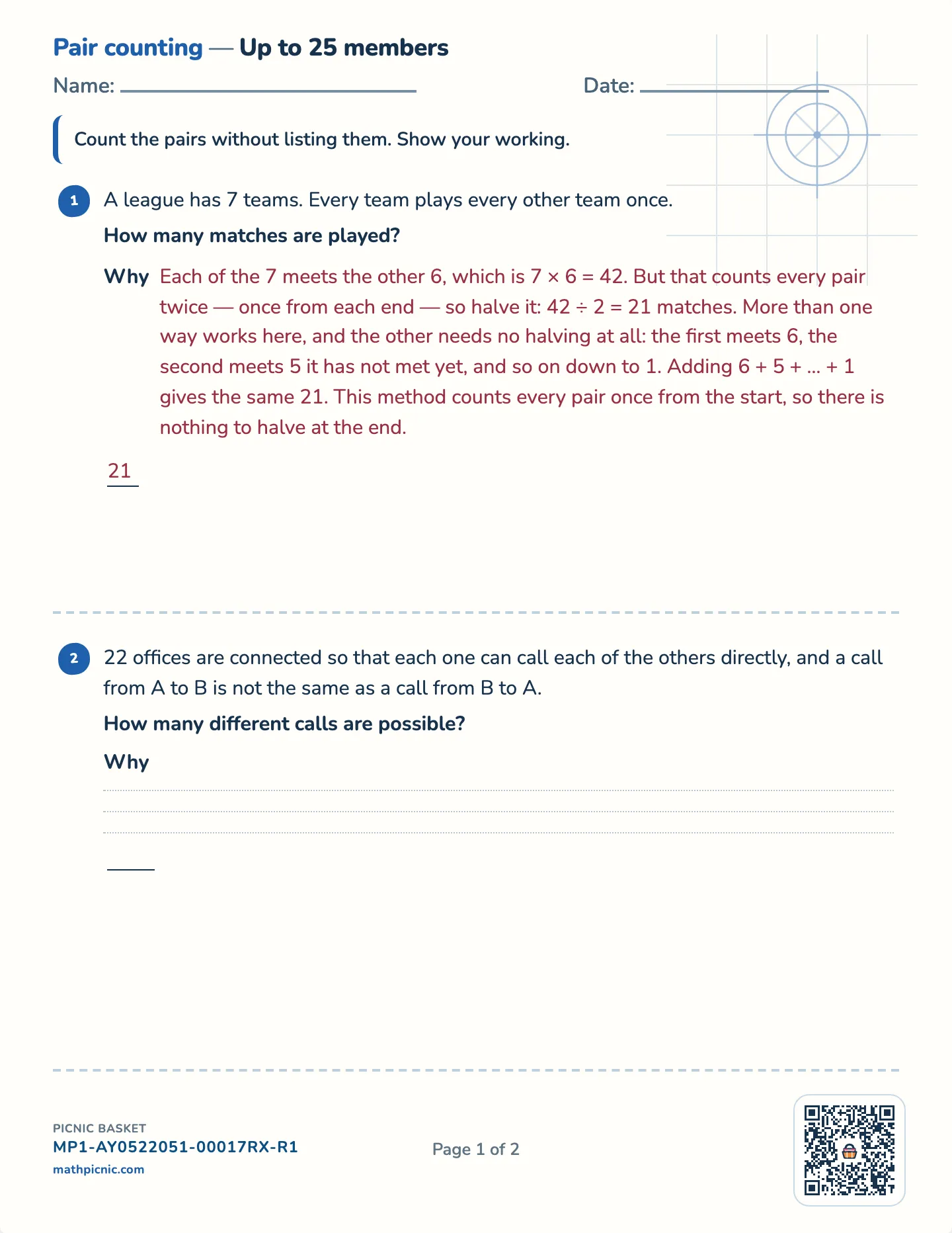 Counting pairs worksheet — Challenge · up to 15, 25 or 40 members, free printable with answer key