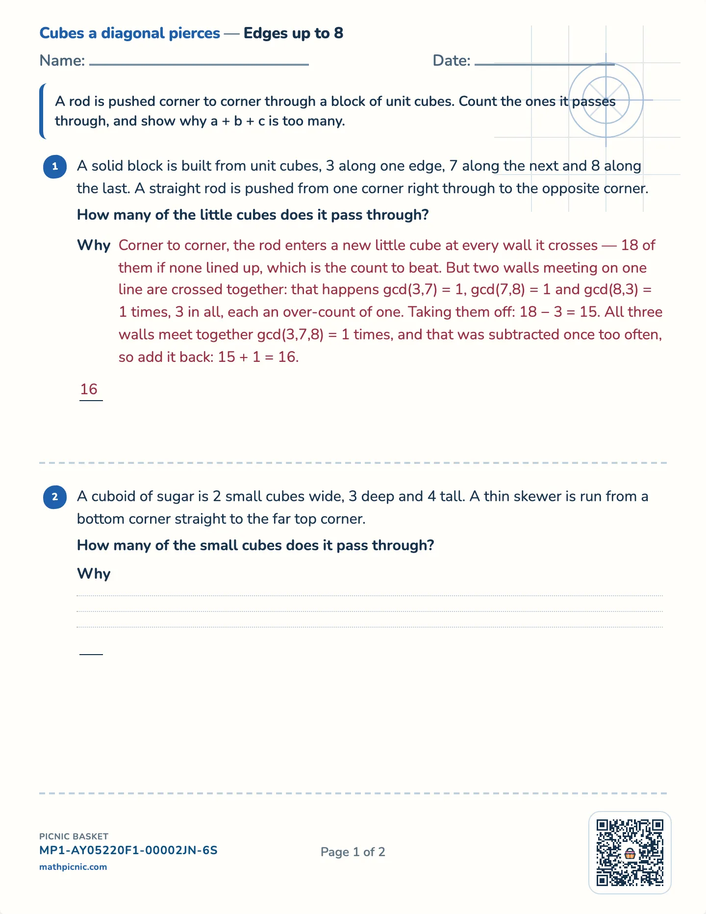 A diagonal through a box worksheet — Challenge · boxes with edges up to 6, 8 or 10, free printable with answer key