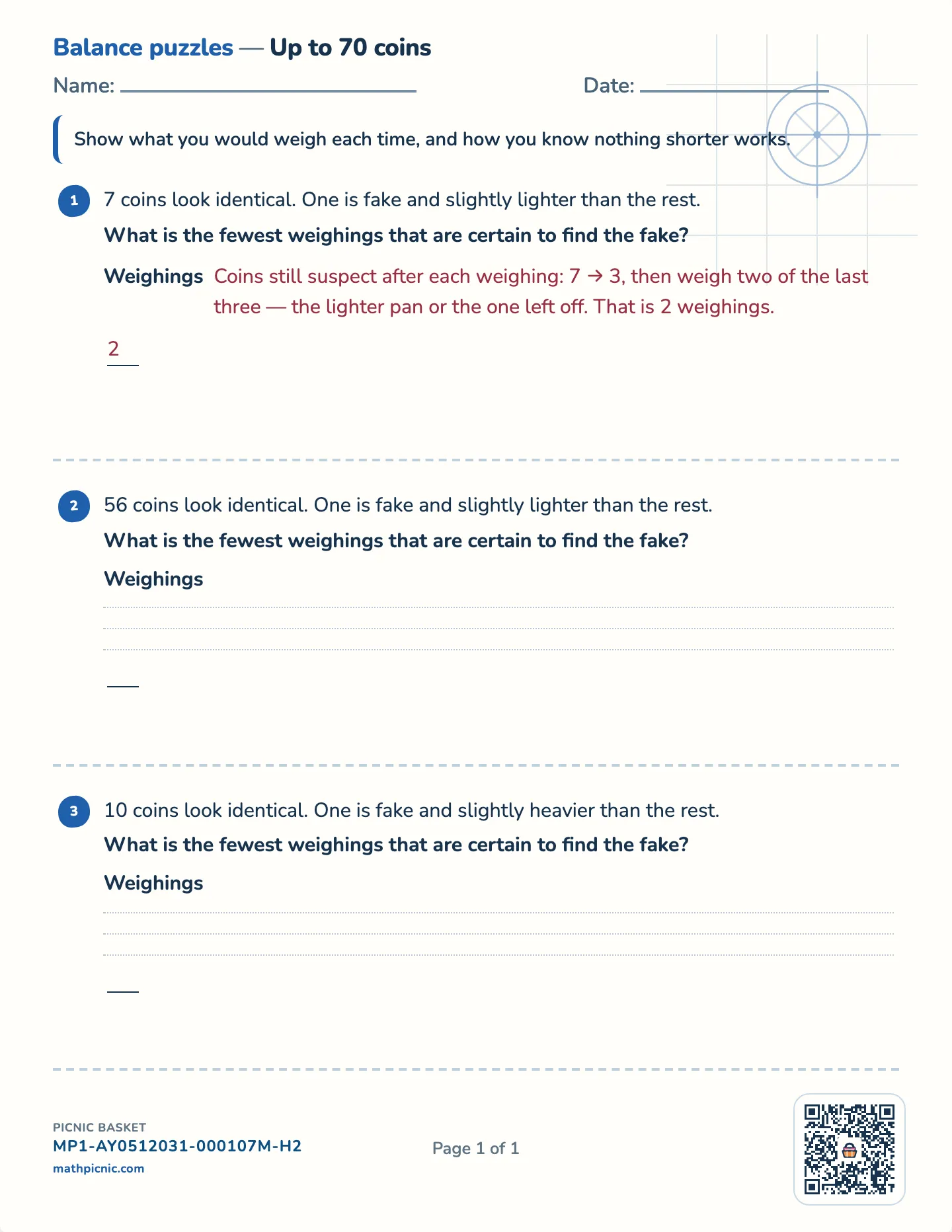 The fake coin worksheet — Challenge · up to 15, 25 or 40 coins, free printable with answer key