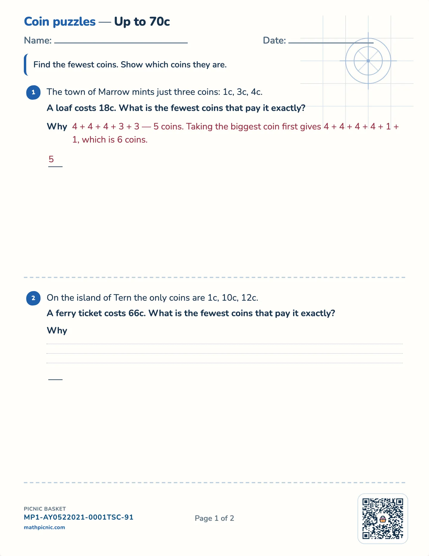 Fewest coins worksheet — Challenge · up to 20c, 30c or 40c, free printable with answer key