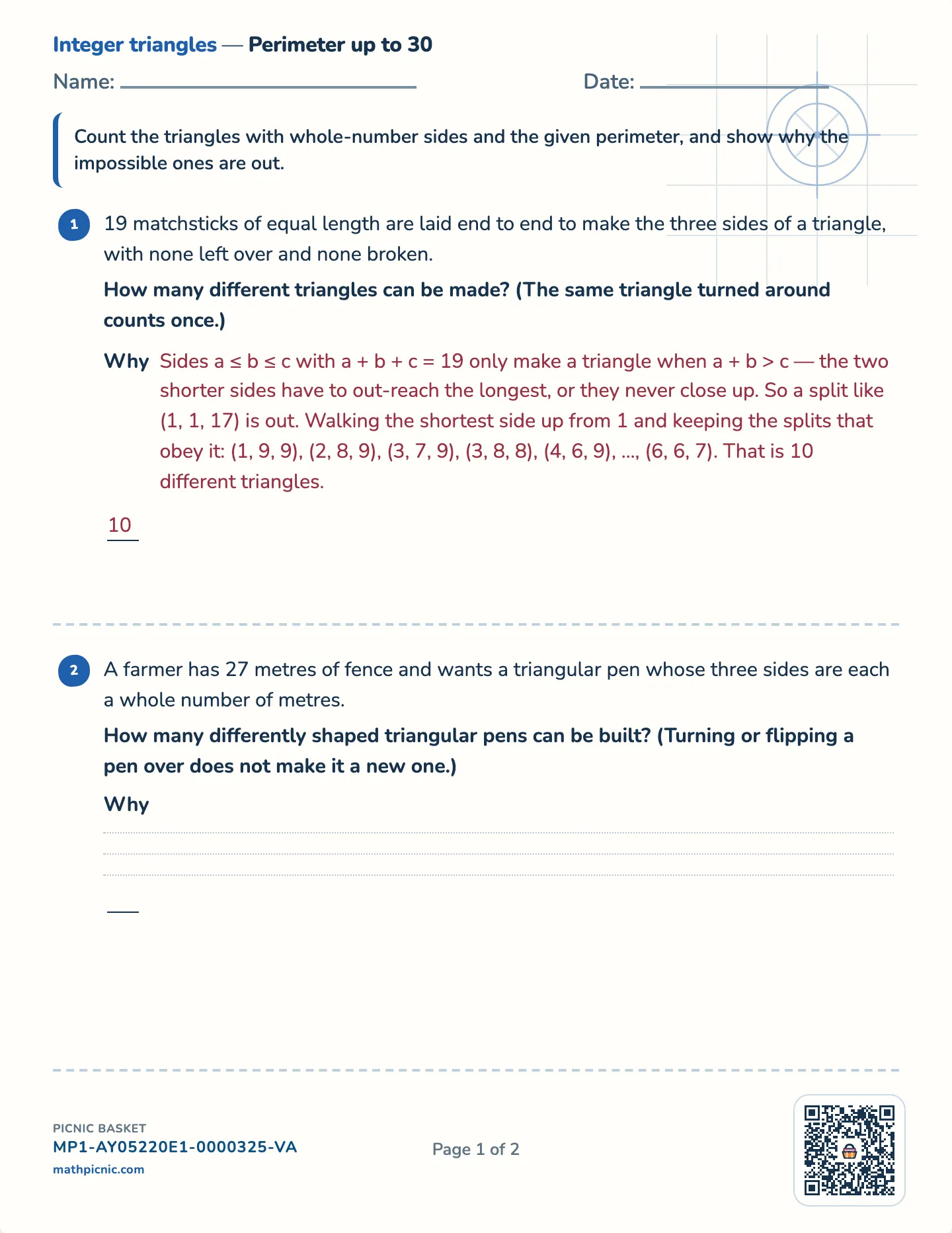 Integer triangles worksheet — Challenge · perimeters up to 20, 30 or 44, free printable with answer key