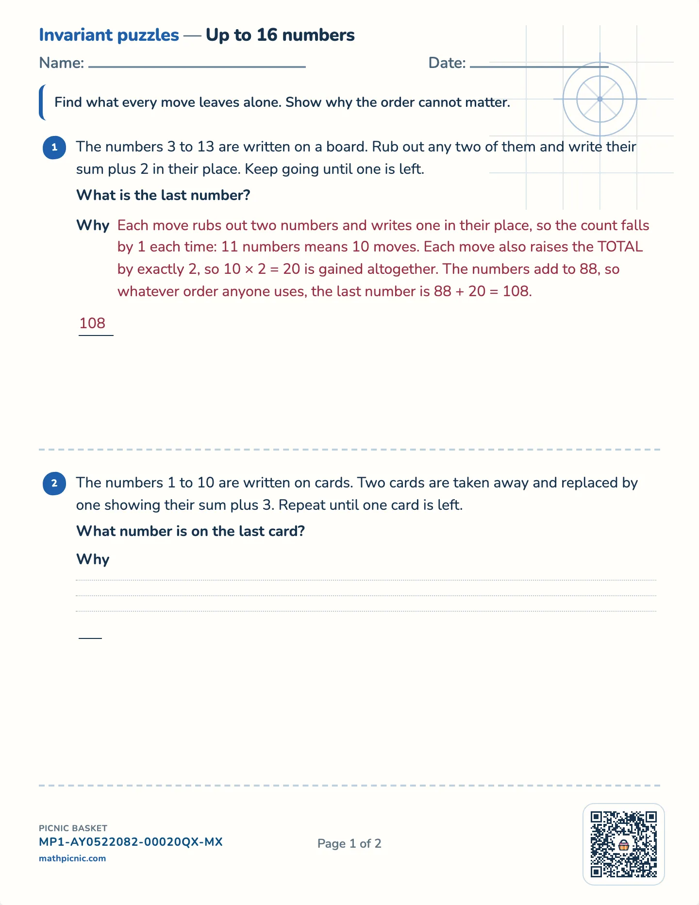 The number that cannot change worksheet — Challenge · up to 8, 12 or 16 numbers, free printable with answer key