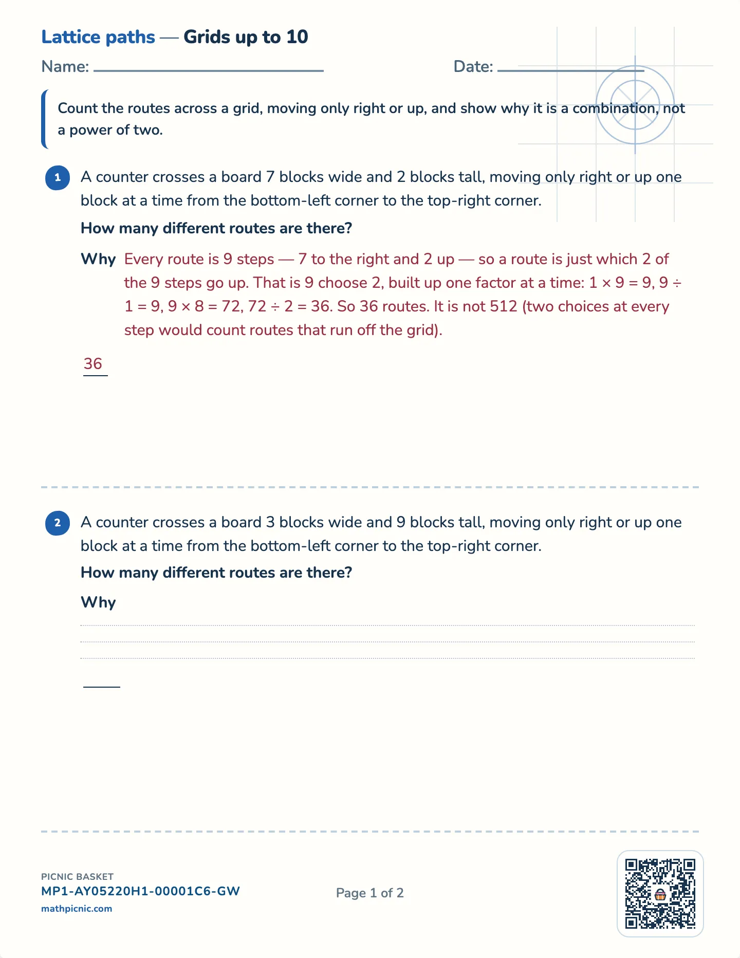 Lattice paths worksheet — Challenge · grids up to 8, 10 or 12, free printable with answer key