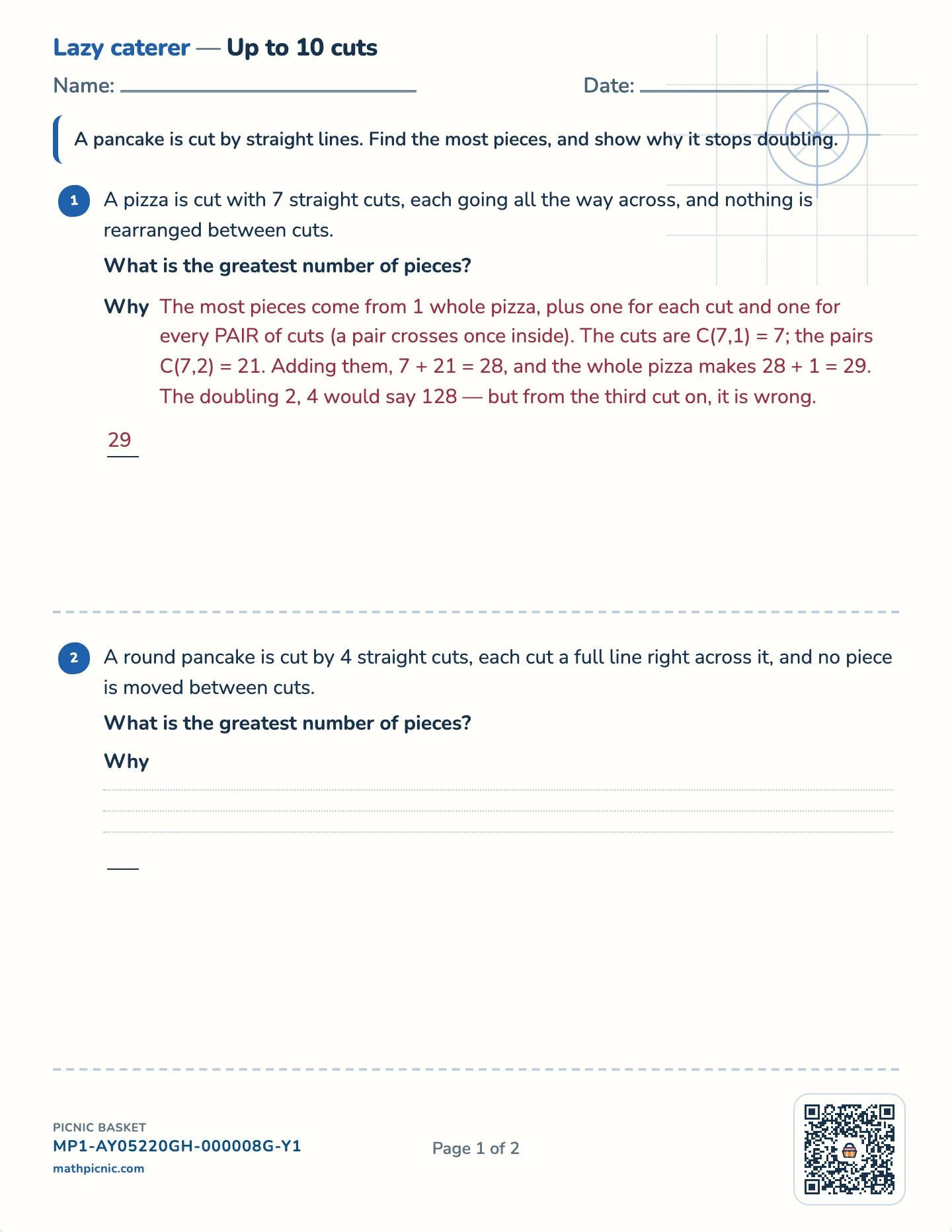 The lazy caterer worksheet — Challenge · up to 8, 10 or 12 cuts, free printable with answer key