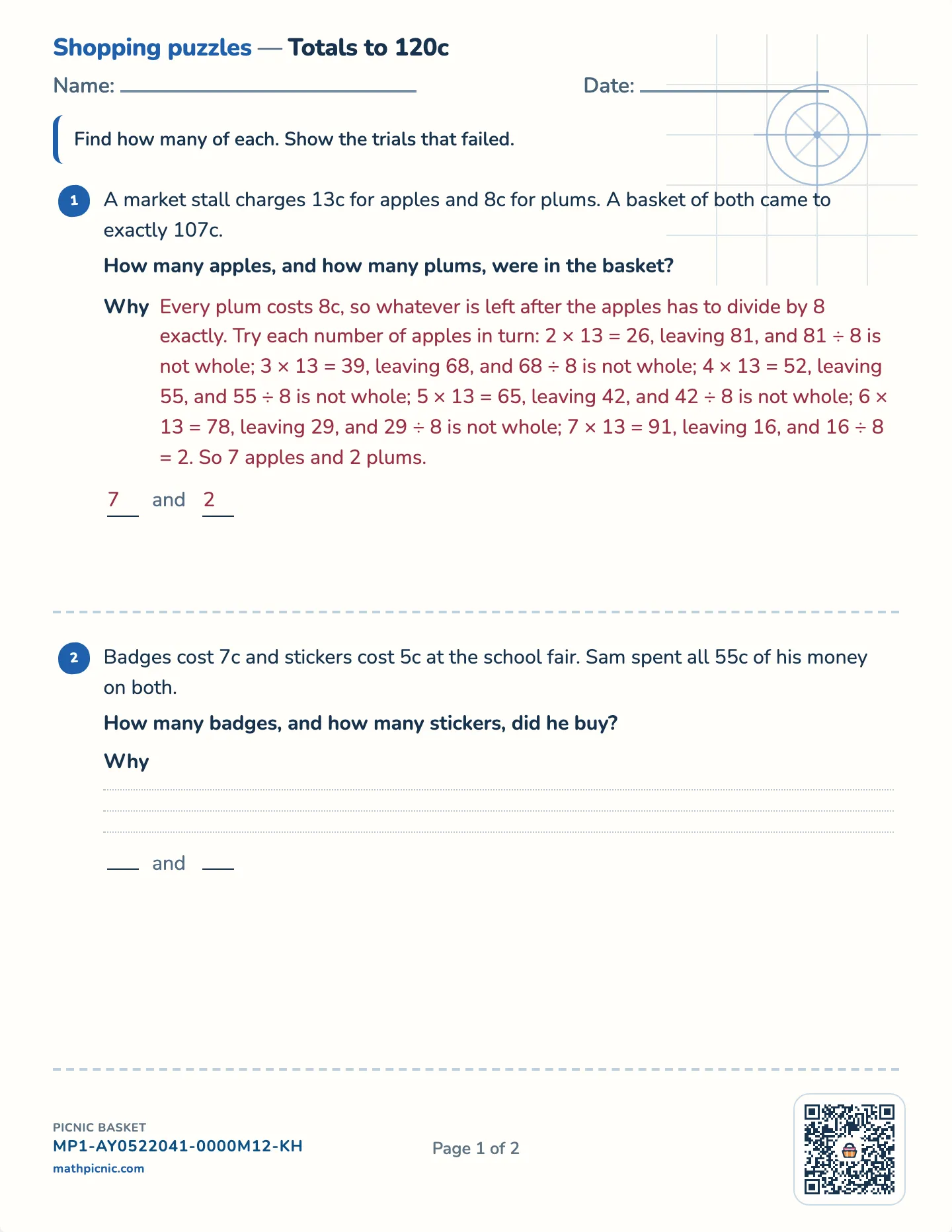 One equation, two unknowns worksheet — Challenge · totals to 80c, 120c or 160c, free printable with answer key