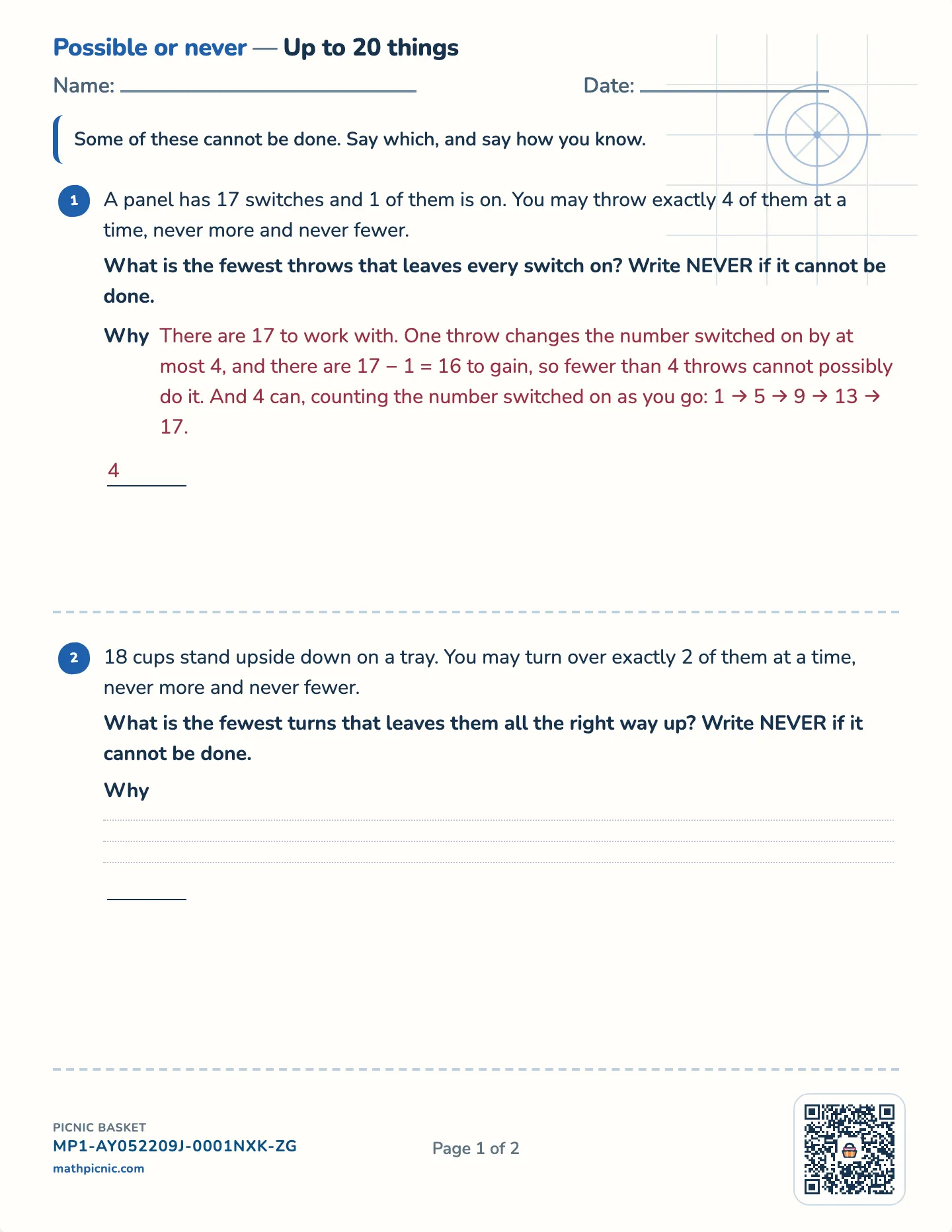 Can it be done at all? worksheet — Challenge · up to 10, 14 or 20 things, free printable with answer key