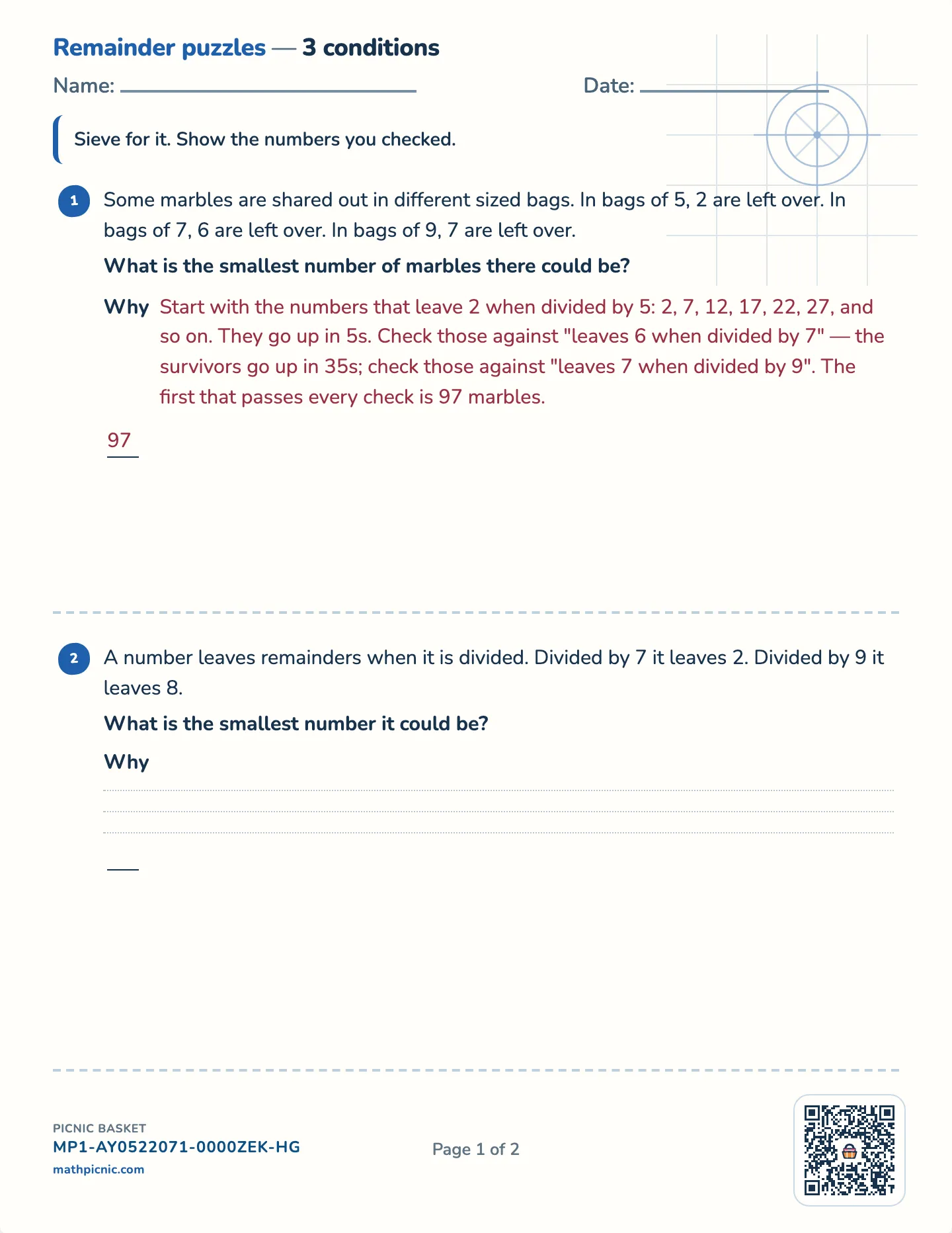 A number from its remainders worksheet — Challenge · two or three conditions, free printable with answer key