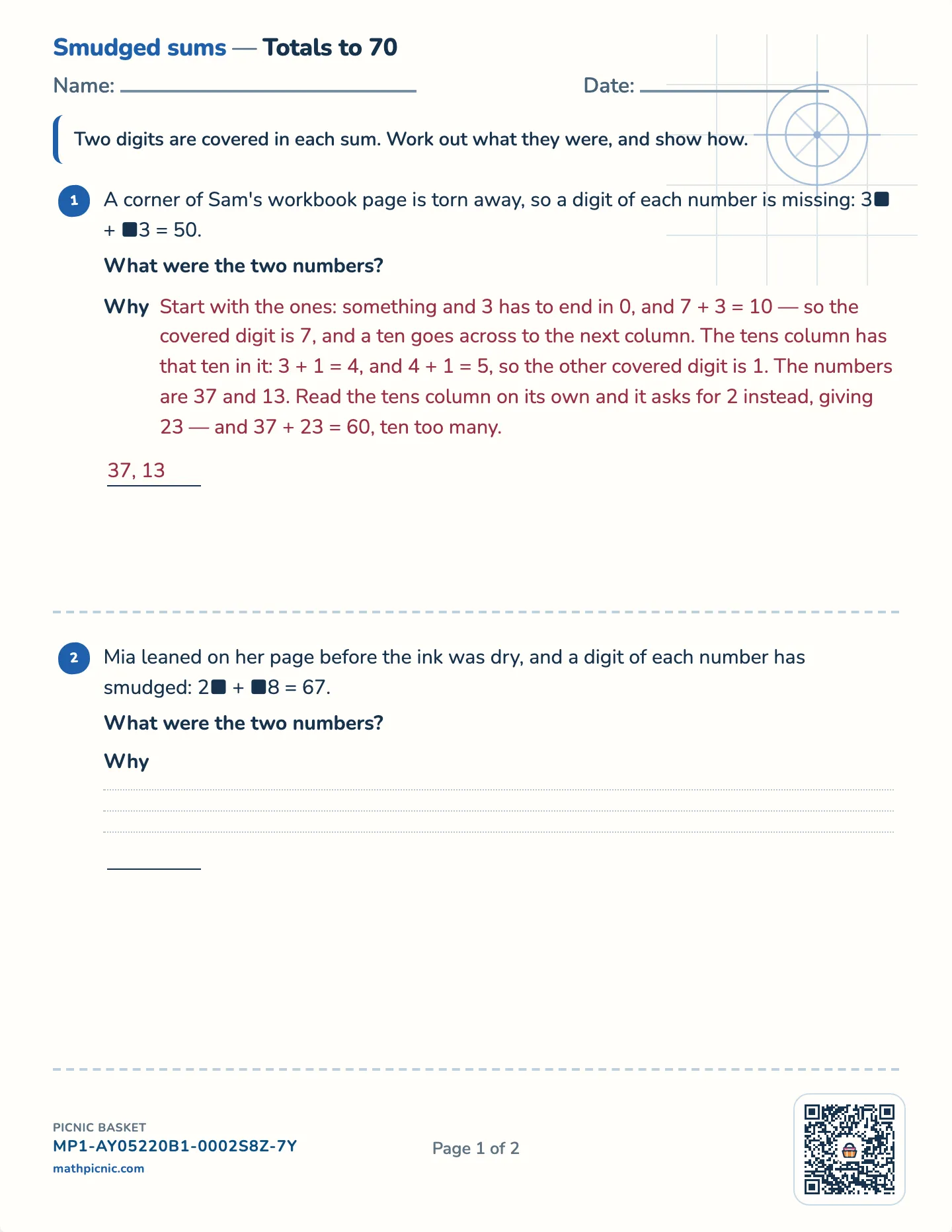 The smudged sum worksheet — Challenge · totals to 50, 70 or under 100, free printable with answer key