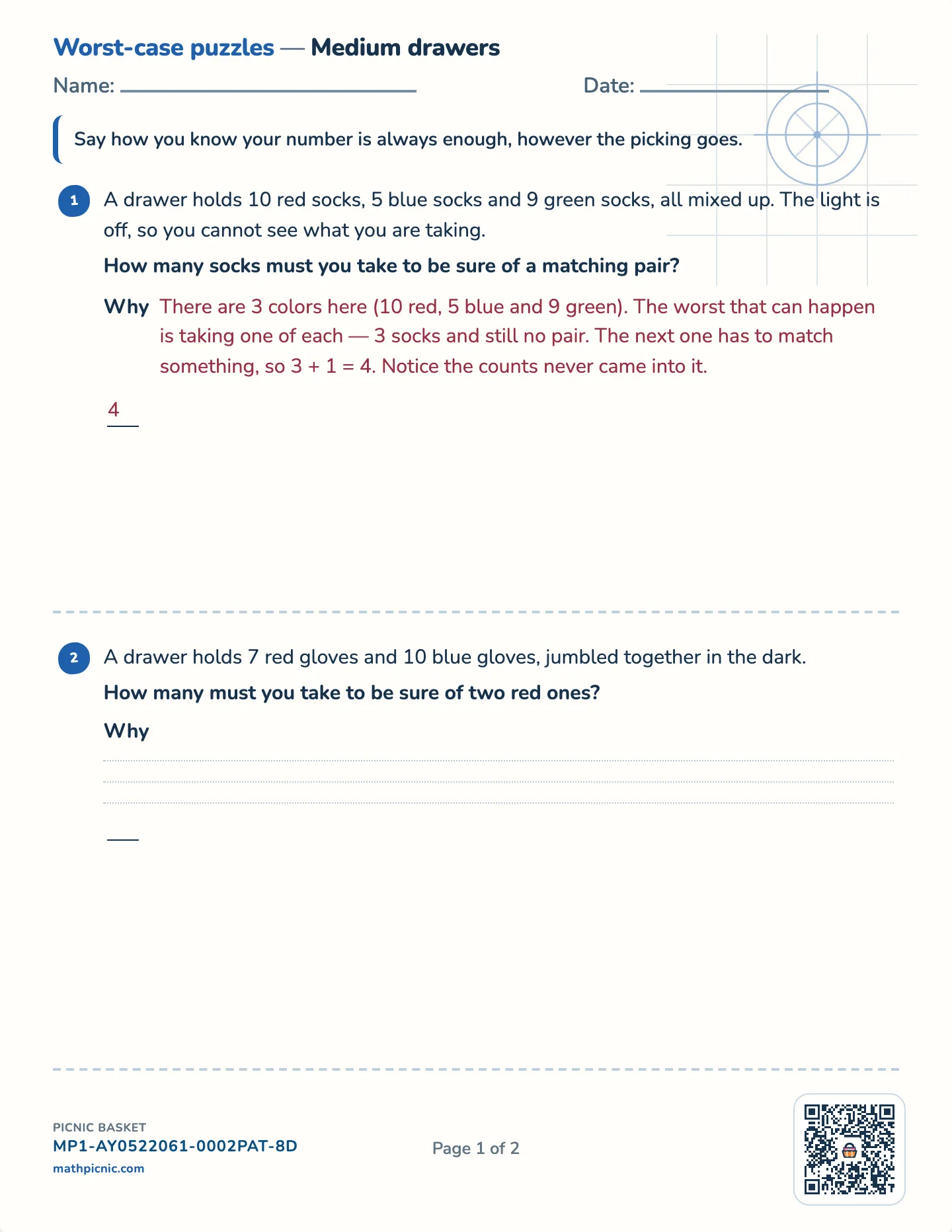 Socks in the dark worksheet — Challenge · small, medium or large drawers, free printable with answer key