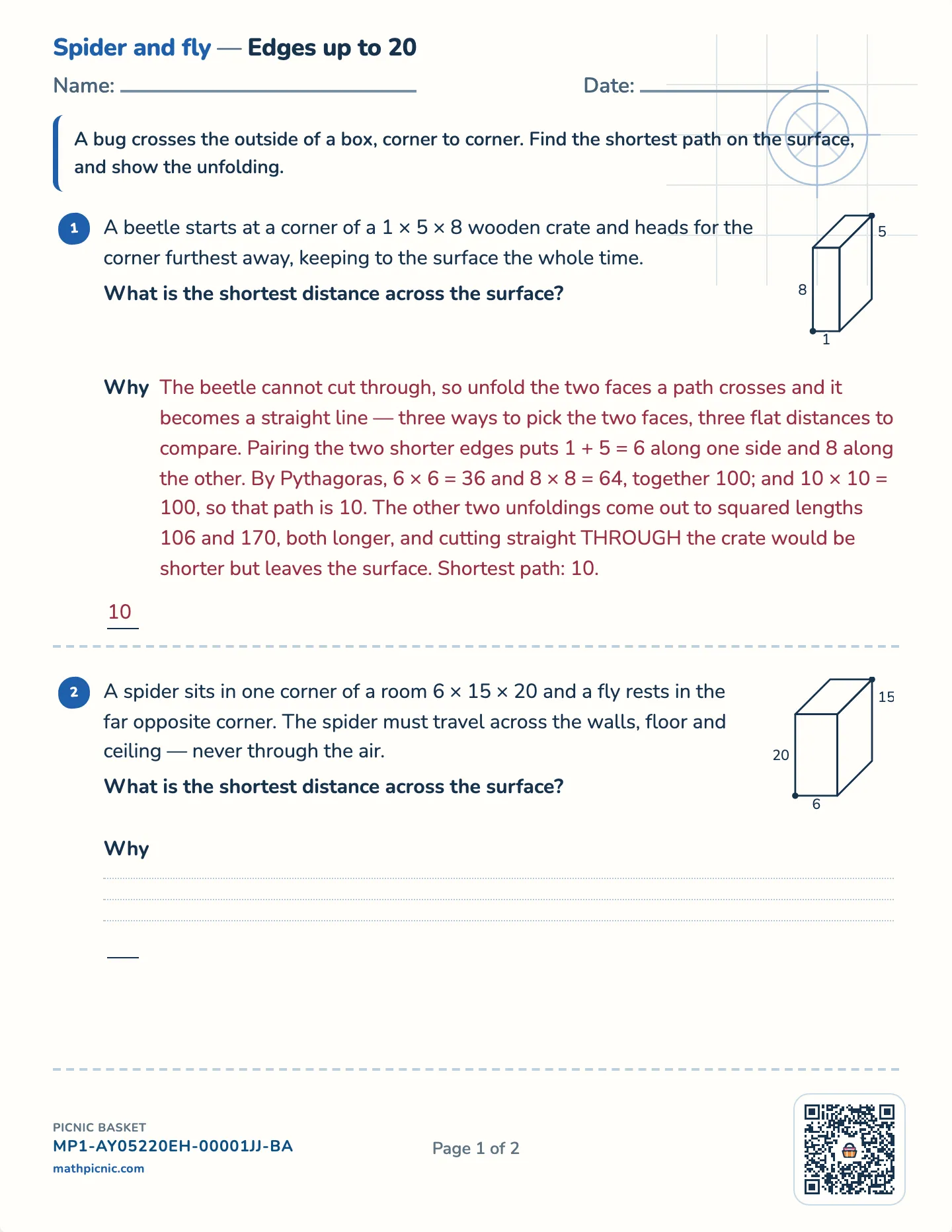 The spider and the fly worksheet — Challenge · boxes with edges up to 15, 20 or 30, free printable with answer key