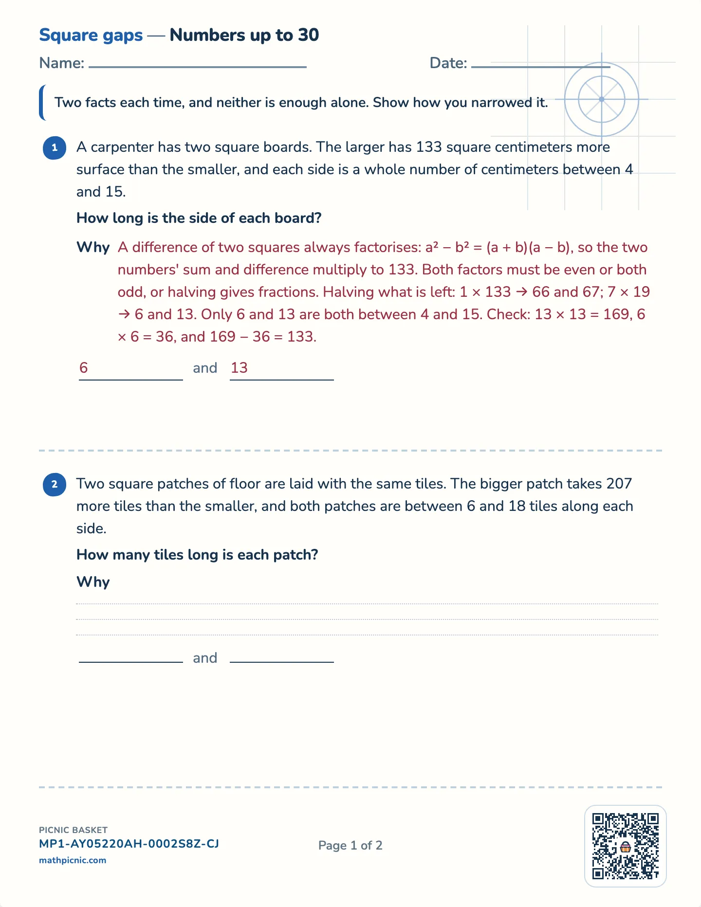 The gap between two squares worksheet — Challenge · numbers up to 20, 30 or 40, free printable with answer key