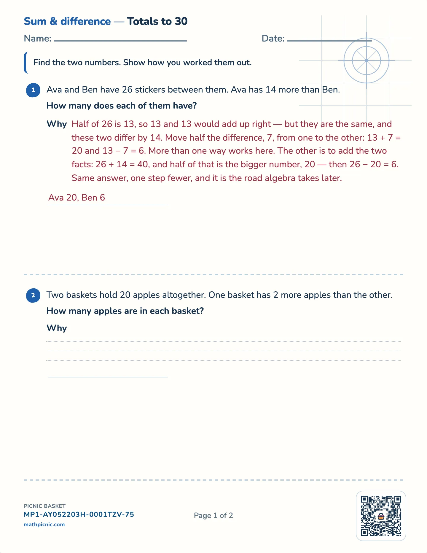 Sum and difference puzzles worksheet — Challenge · totals to 20, 30 or 40, free printable with answer key