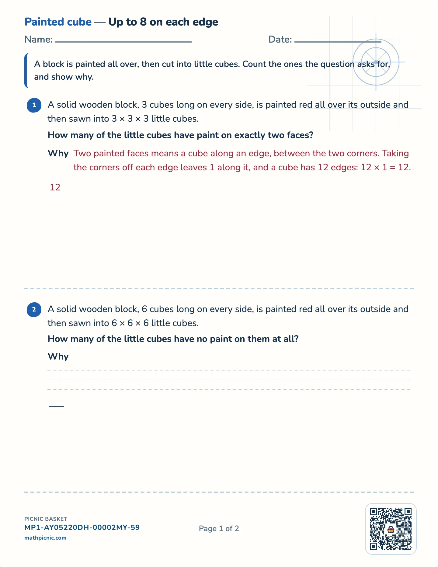 The painted cube worksheet — Challenge · cubes up to 6, 8 or 12 wide, free printable with answer key