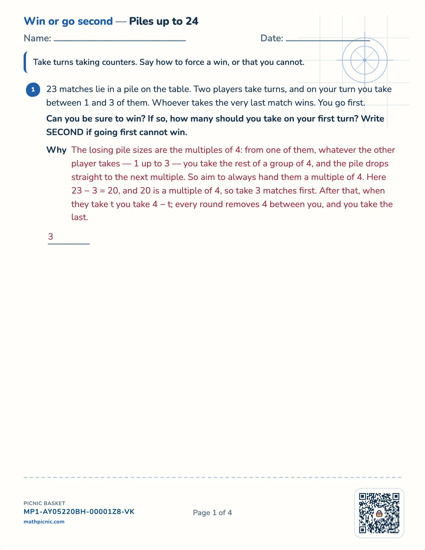 The taking game worksheet — Challenge · piles up to 16, 24 or 40, free printable with answer key