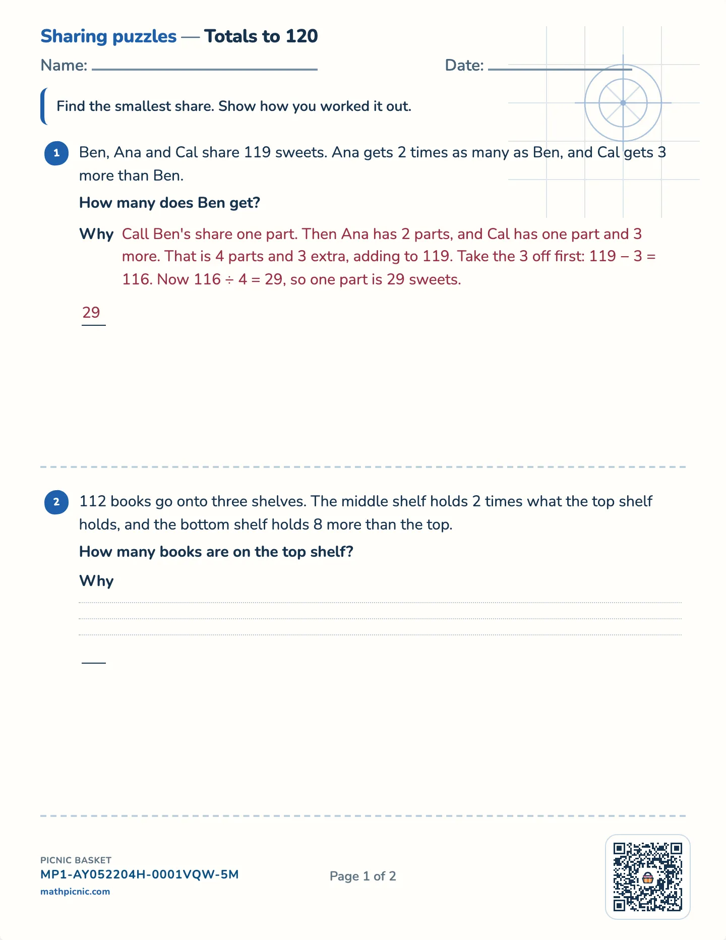 Three shares from one total worksheet — Challenge · totals to 80, 120 or 160, free printable with answer key