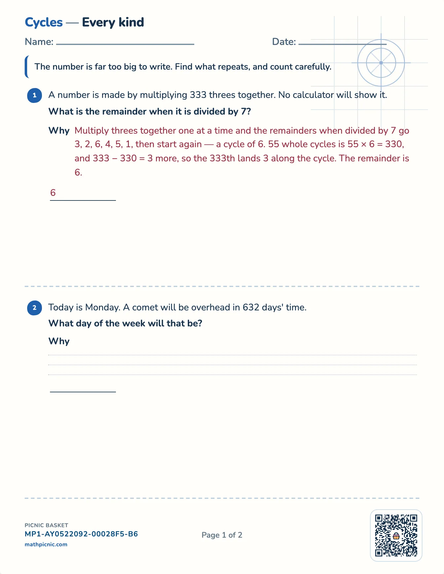 Numbers too big to compute worksheet — Challenge · last digits, days, remainders, free printable with answer key