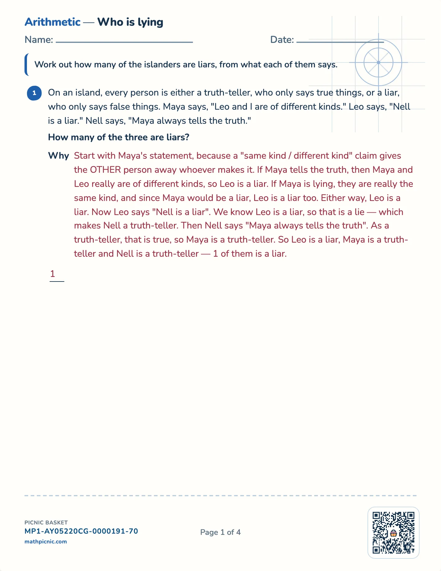 Truth-tellers and liars worksheet — Challenge · three islanders, free printable with answer key