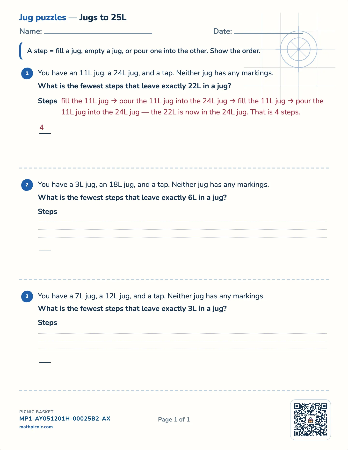 Two jugs and a tap worksheet — Challenge · jugs to 10, 15 or 20L, free printable with answer key