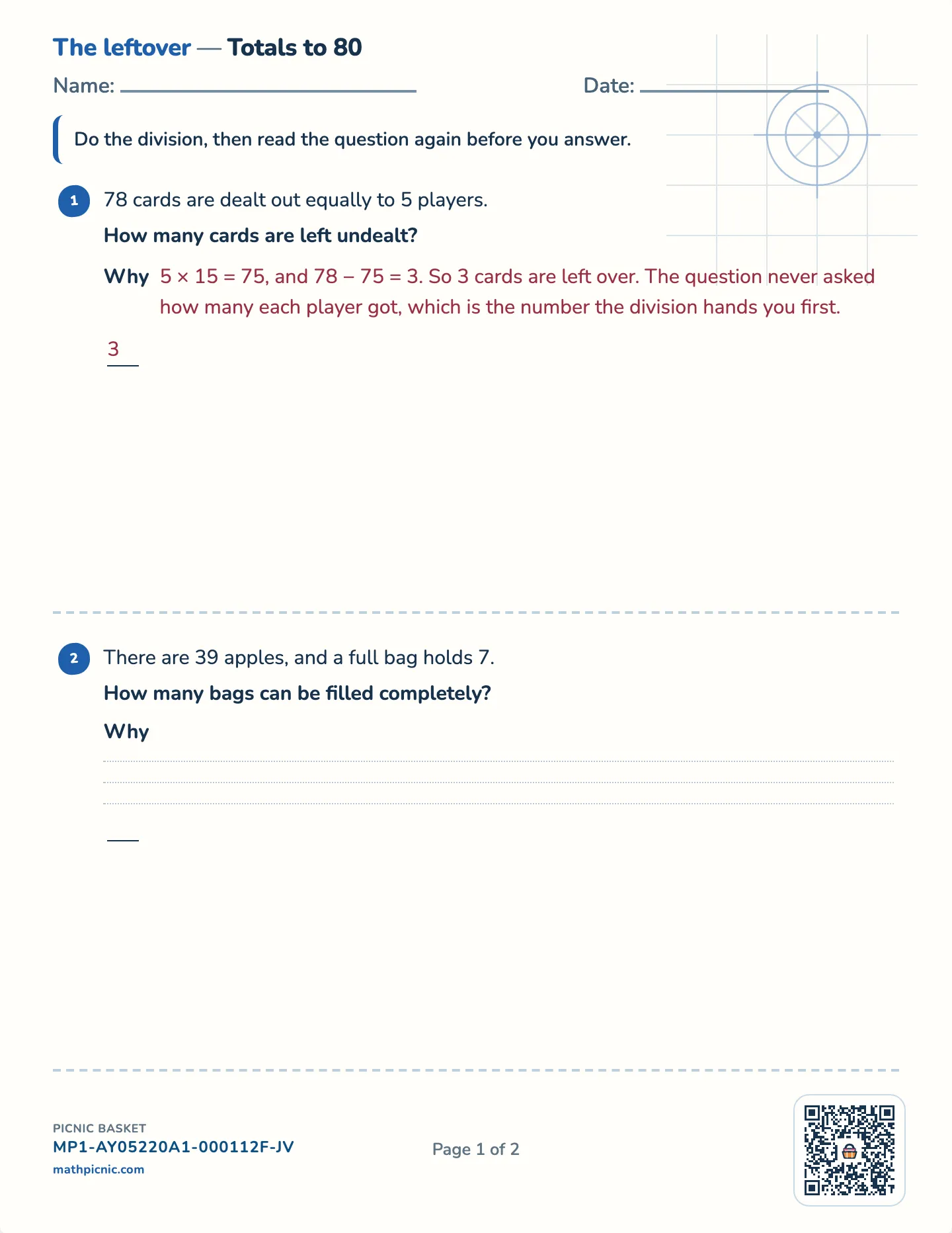What the leftover means worksheet — Challenge · totals to 40, 80 or 120, free printable with answer key