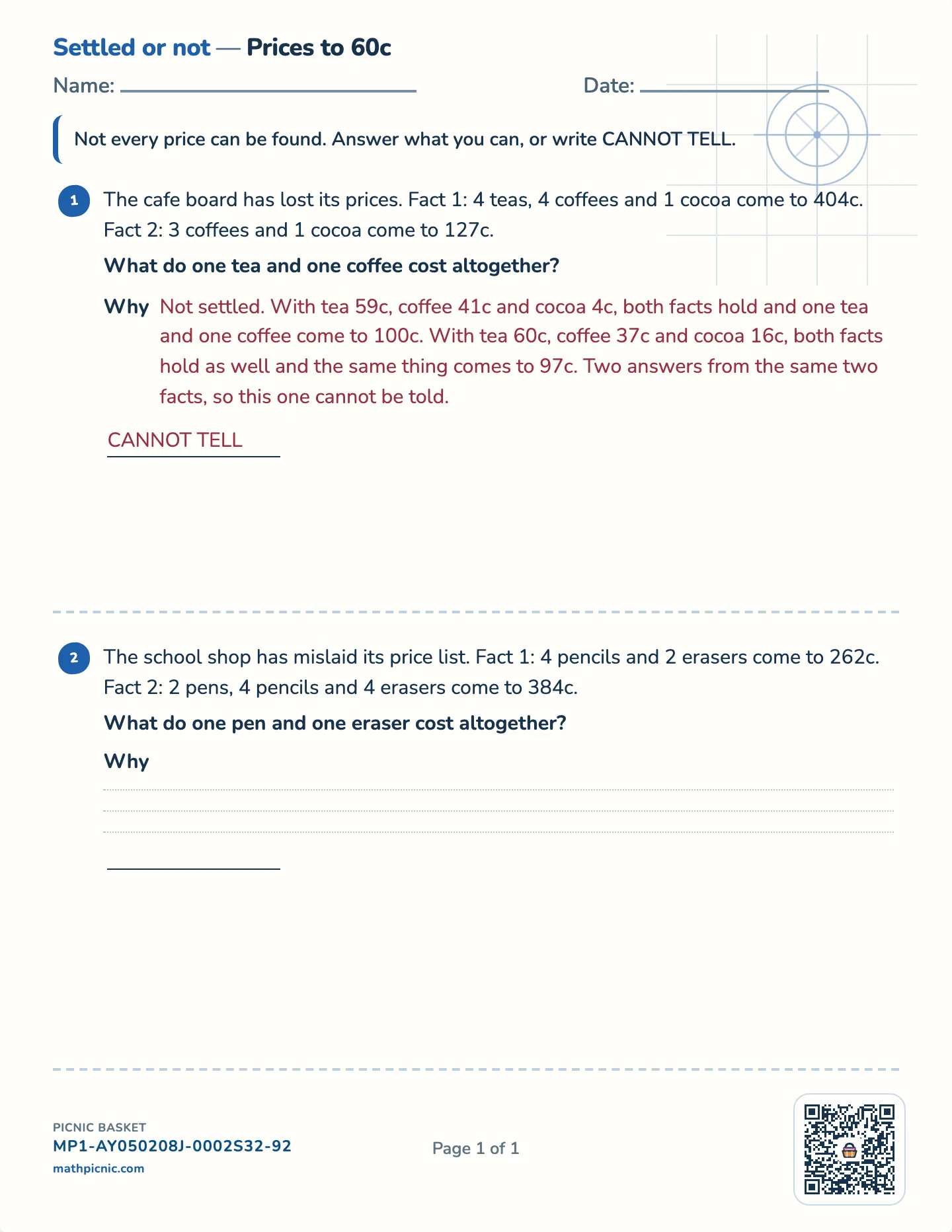 What two facts settle worksheet — Challenge · prices to 20c, 40c or 60c, free printable with answer key