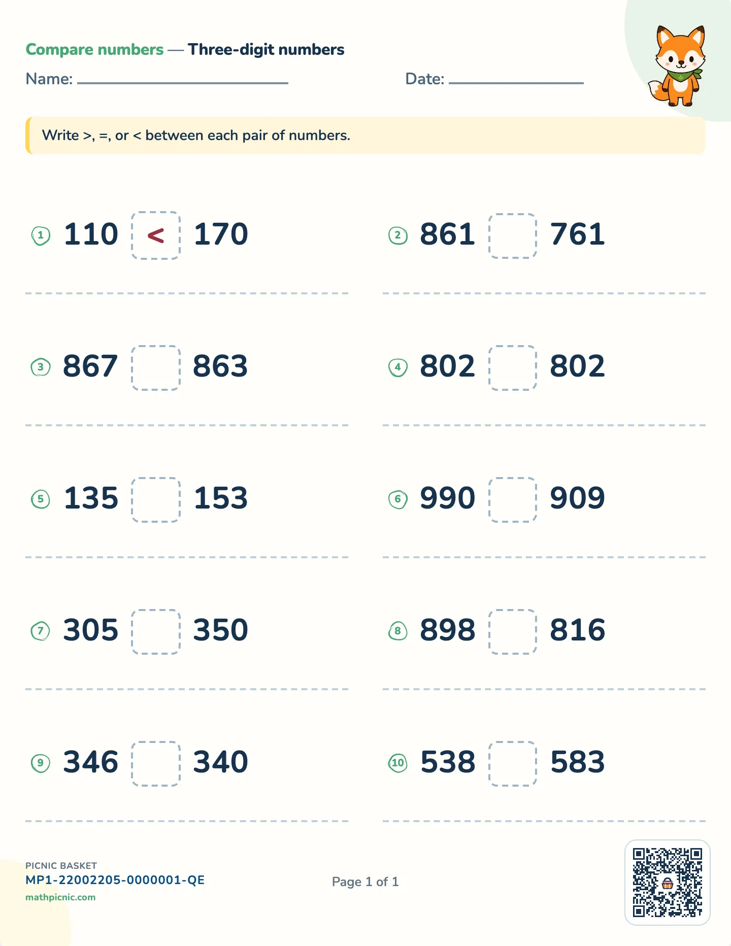 Comparing three-digit numbers worksheet — Numbers 100 to 999, free printable with answer key