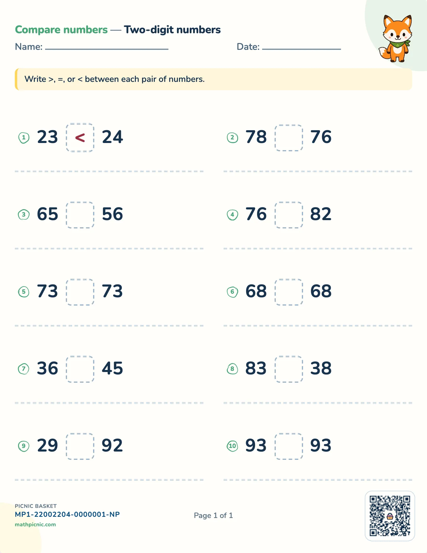 Comparing two-digit numbers worksheet — Numbers 10 to 99, free printable with answer key