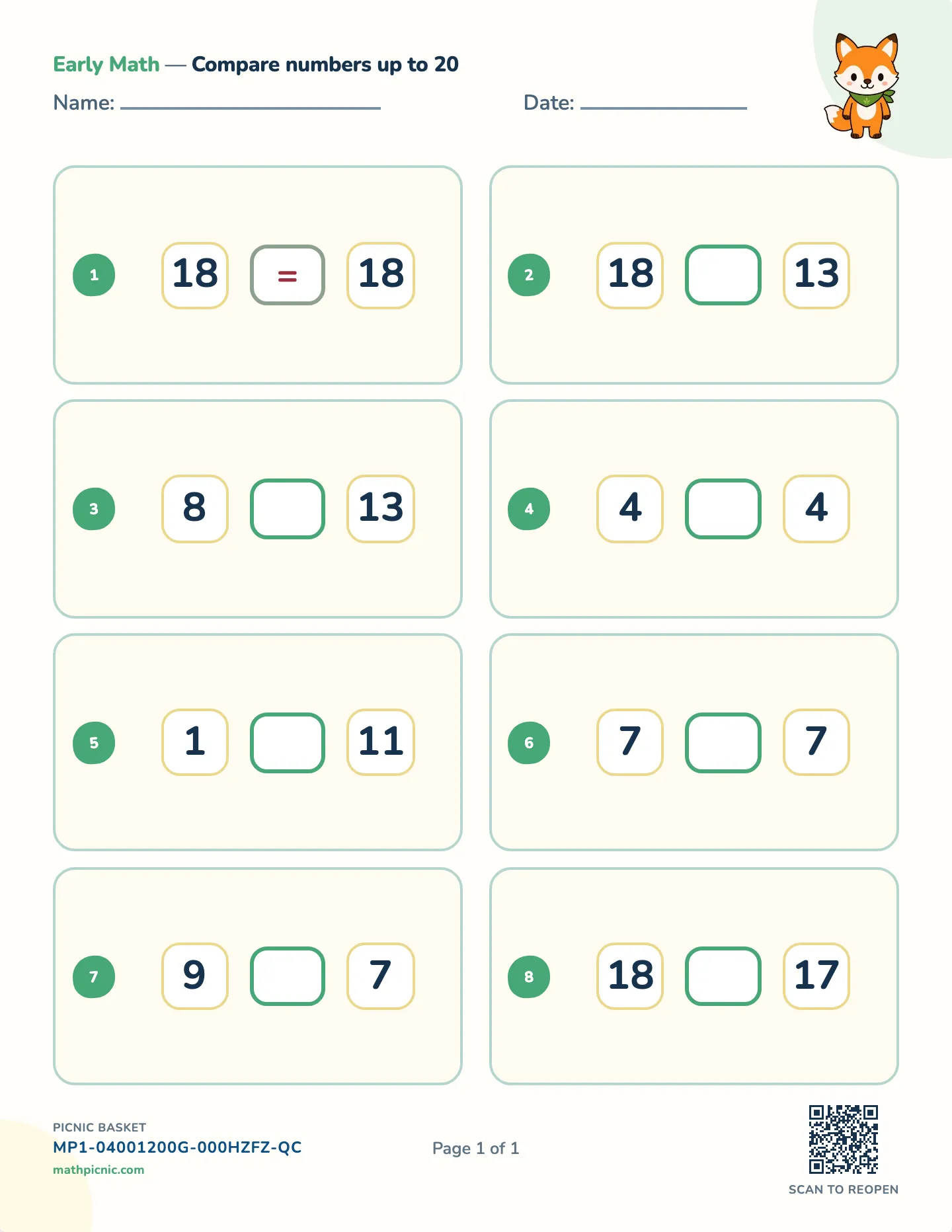 Greater than, less than worksheet — Numbers to 20, free printable with answer key