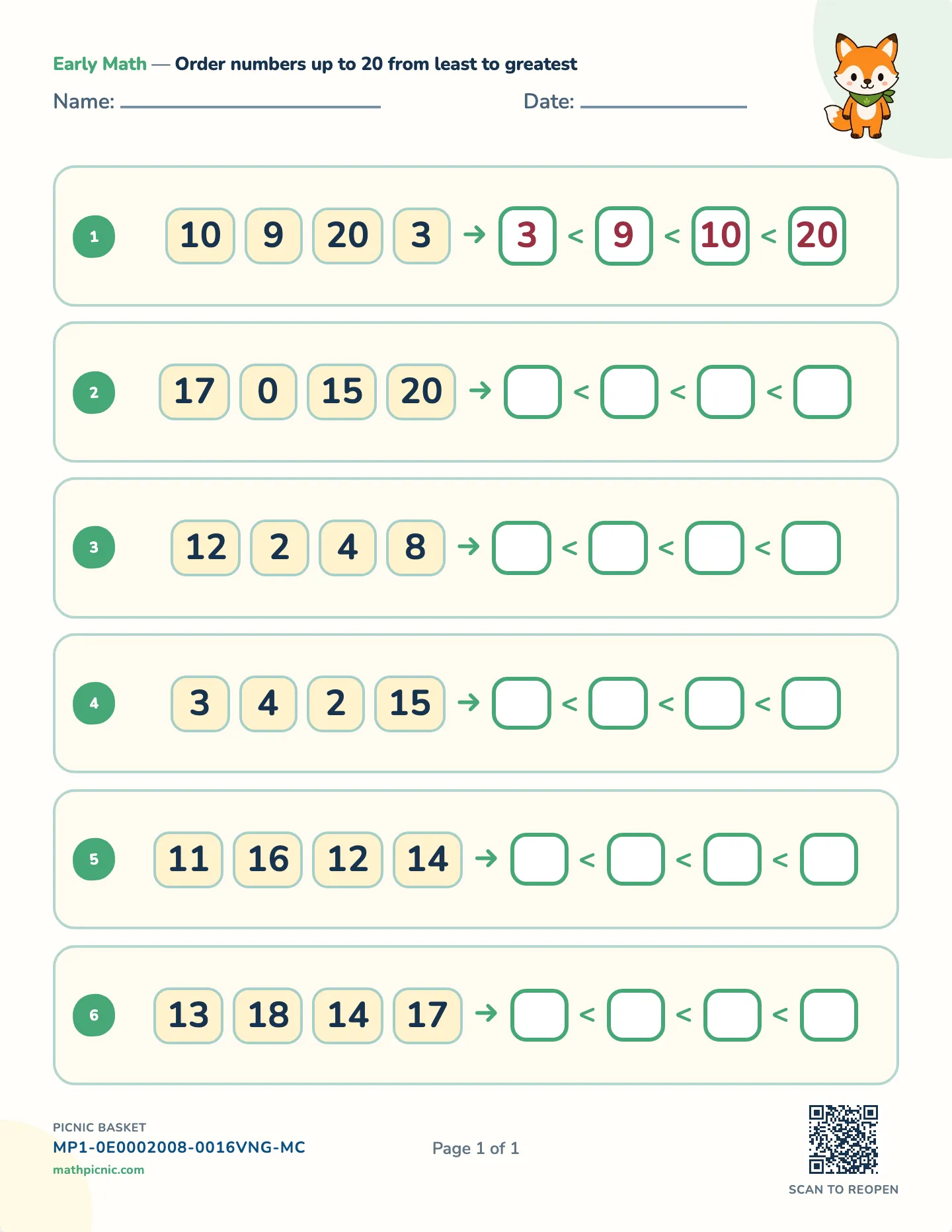 Ordering numbers worksheet — Numbers to 20, free printable with answer key