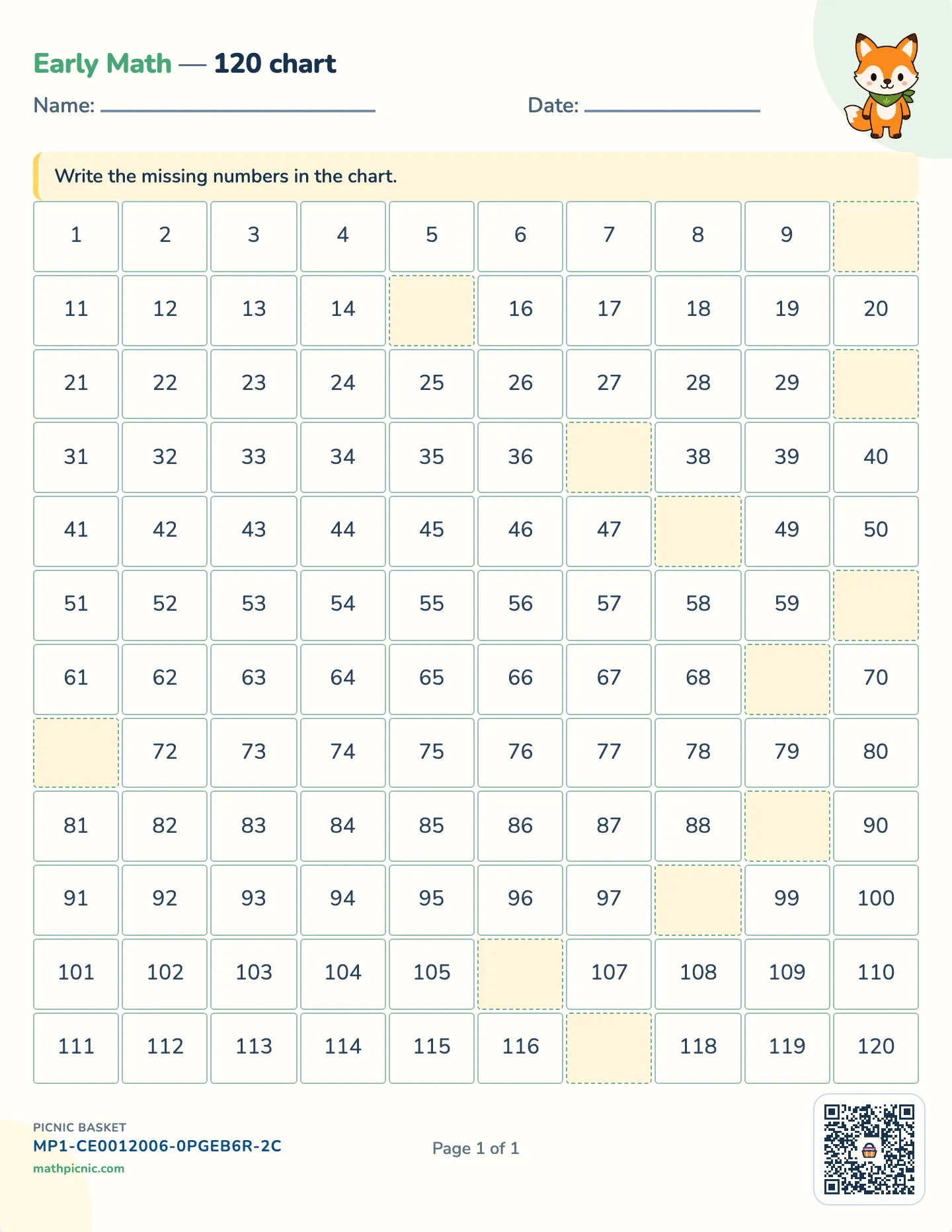 120 chart: missing numbers worksheet — The 1–120 grid, free printable with answer key