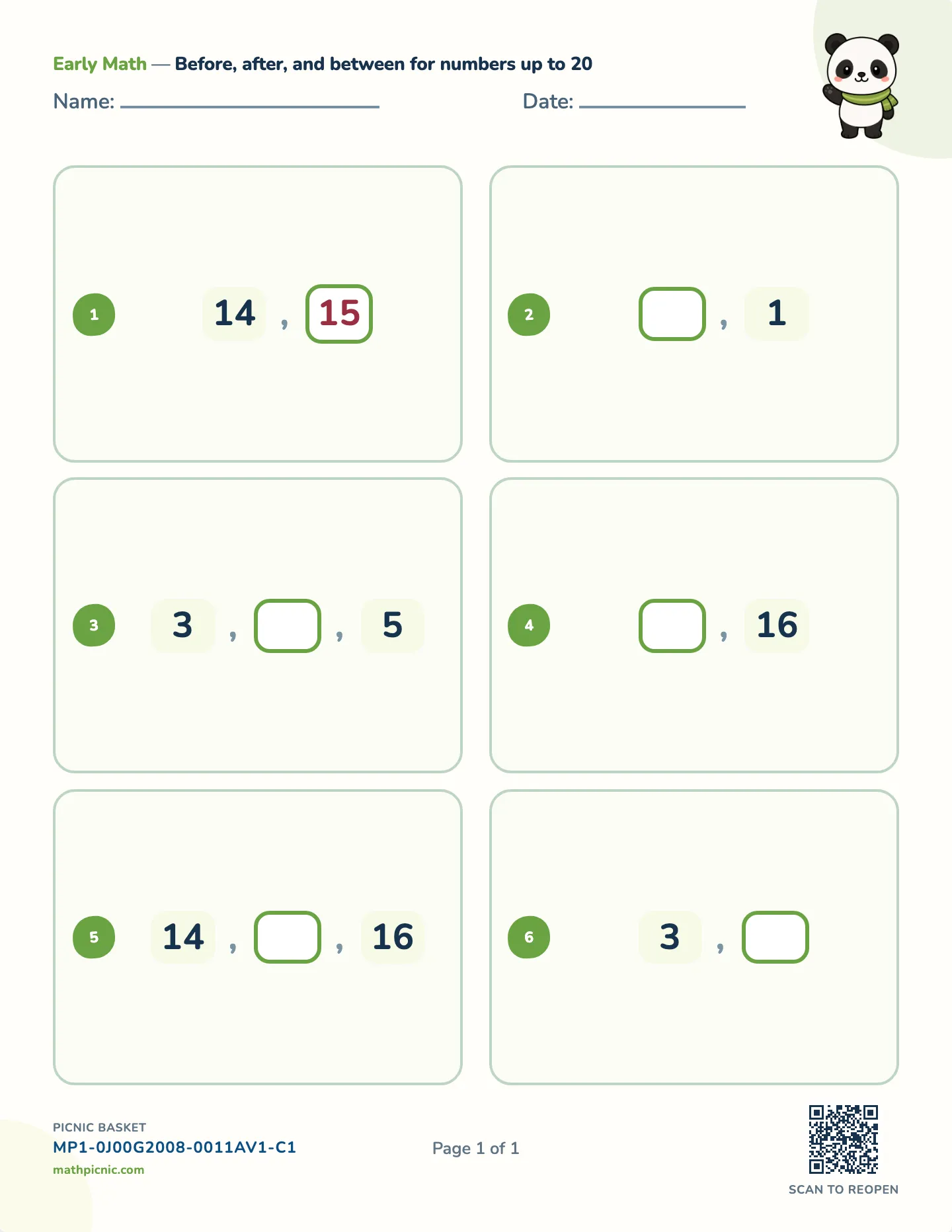 Before, after, and between worksheet — Numbers to 20, free printable with answer key