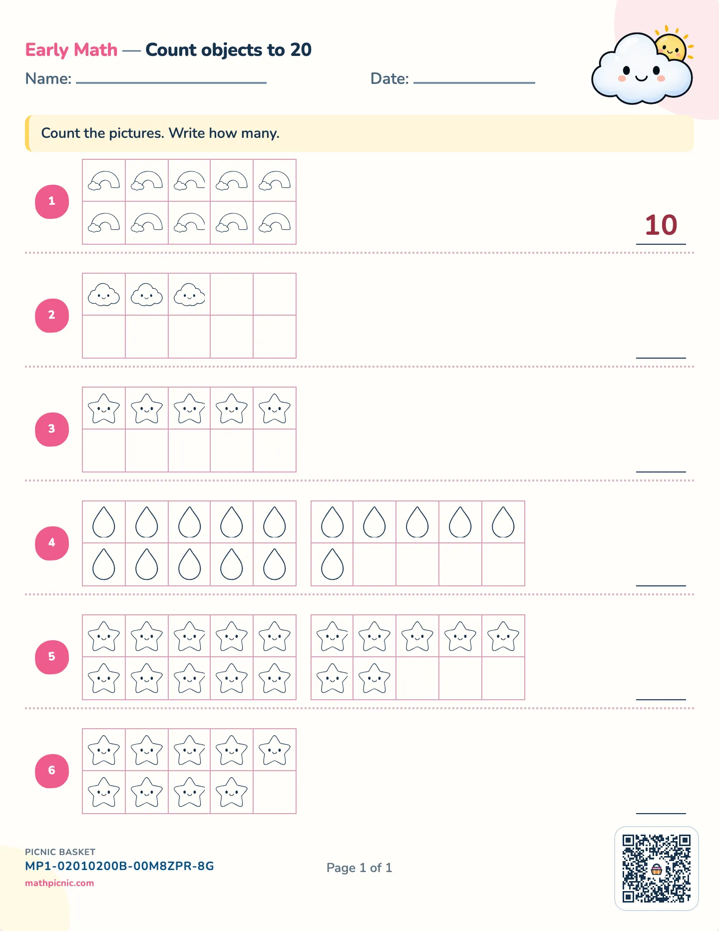 Count objects to 20 worksheet — Groups up to 20, free printable with answer key