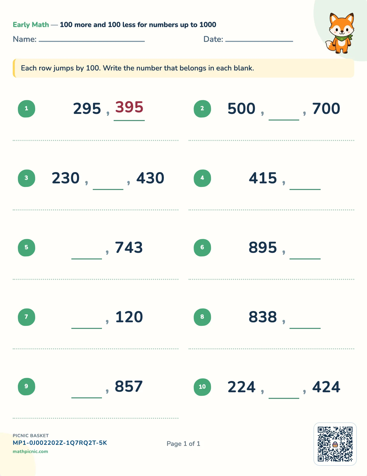 100 more and 100 less worksheet — Three-digit numbers to 1000, free printable with answer key
