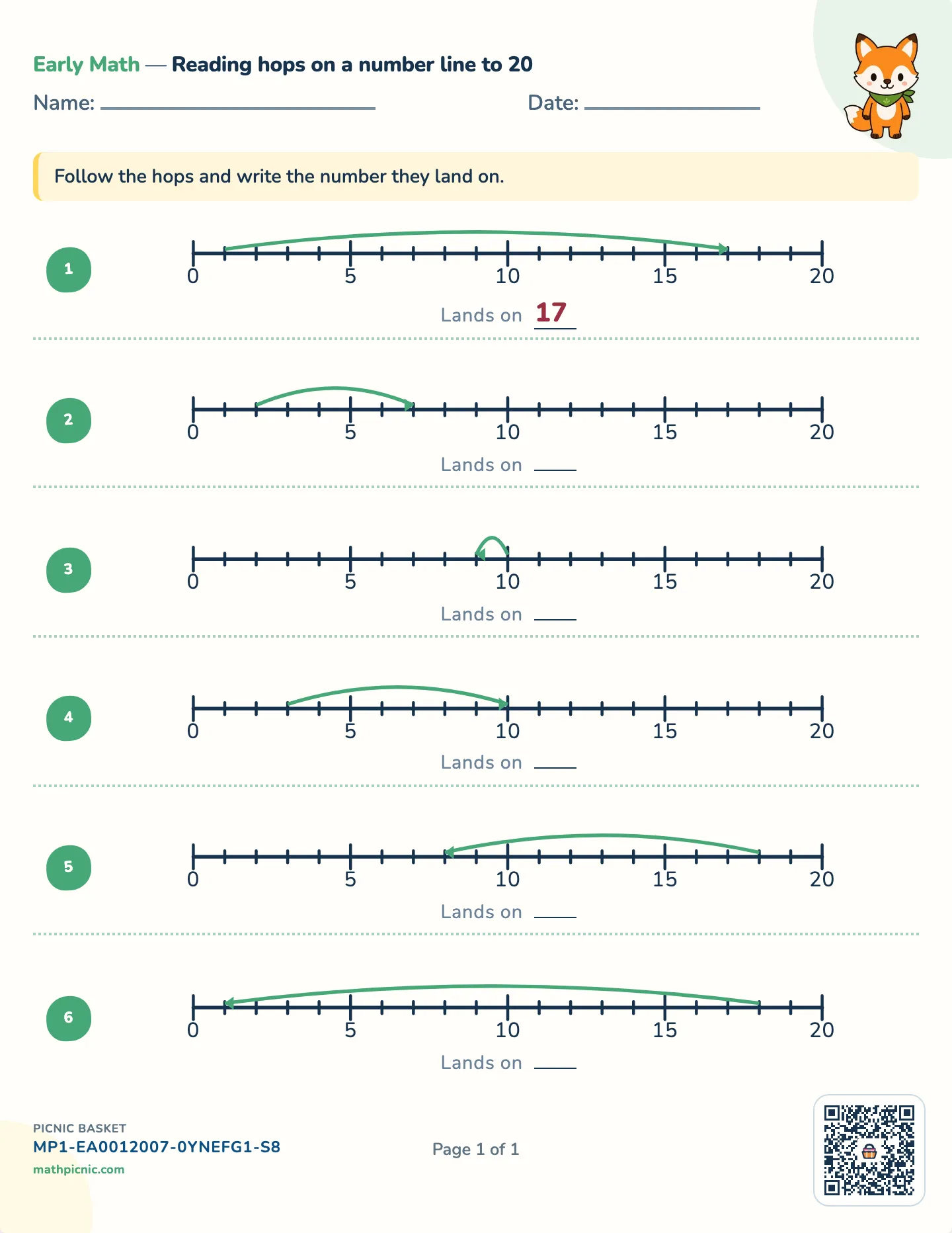 Adding and subtracting on a number line worksheet — Hops on a line to 20, free printable with answer key